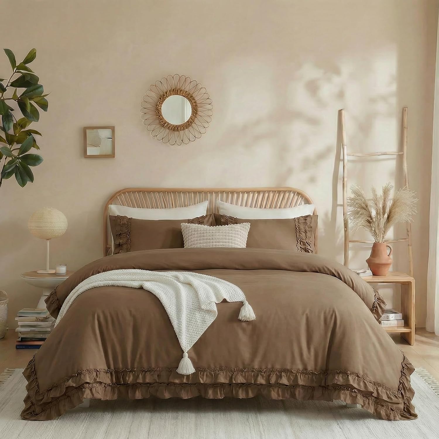 Merryword 100% Cotton Ruffled Comforter Set Queen, Dark Brown Shabby Chic Farmhouse Bedding Set French Country Cute Comforter Set - Image 2