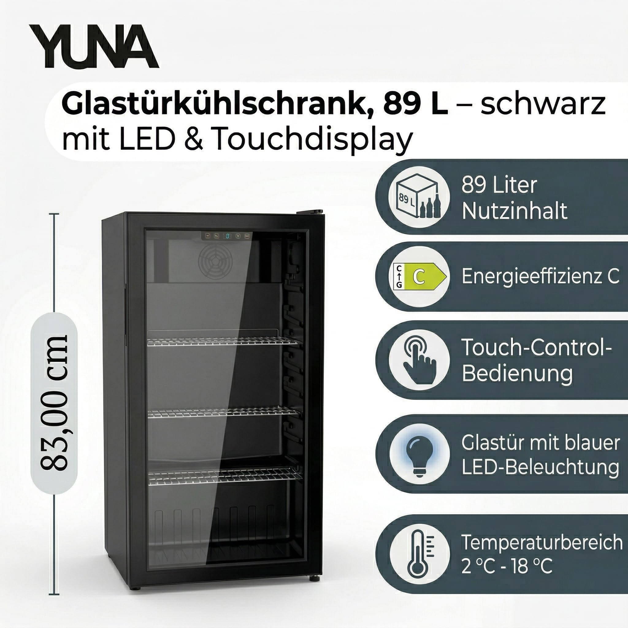 YUNA Cool-View GKS90B Glastürkühlschrank | 89 L | schwarz