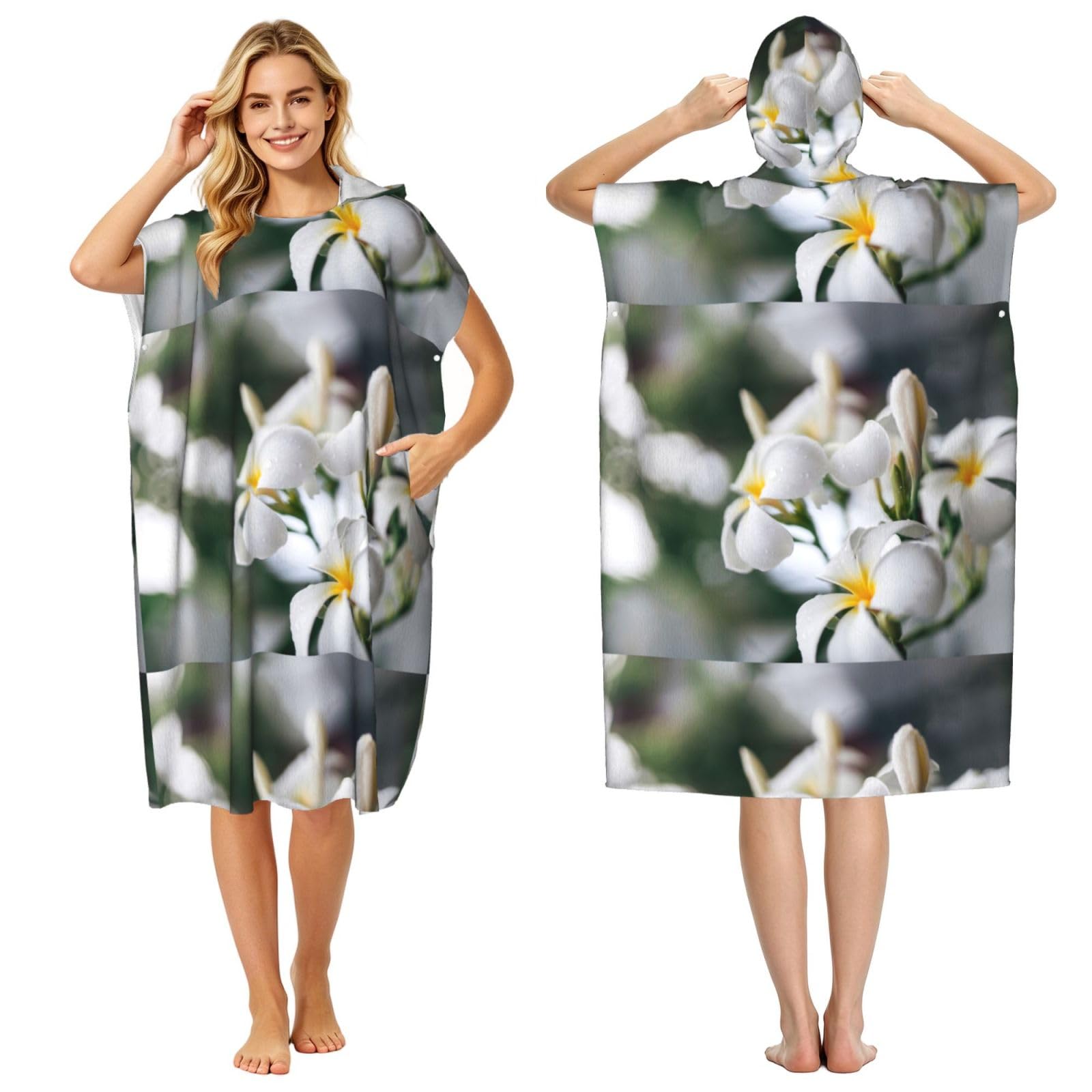 Poadnly Beautiful White Frangipani Wake Plumeria Flowers, Adult Hooded Beach Towel 90 x 110 cm,Changing Bath Robe, Surf Poncho Towel For Women Men