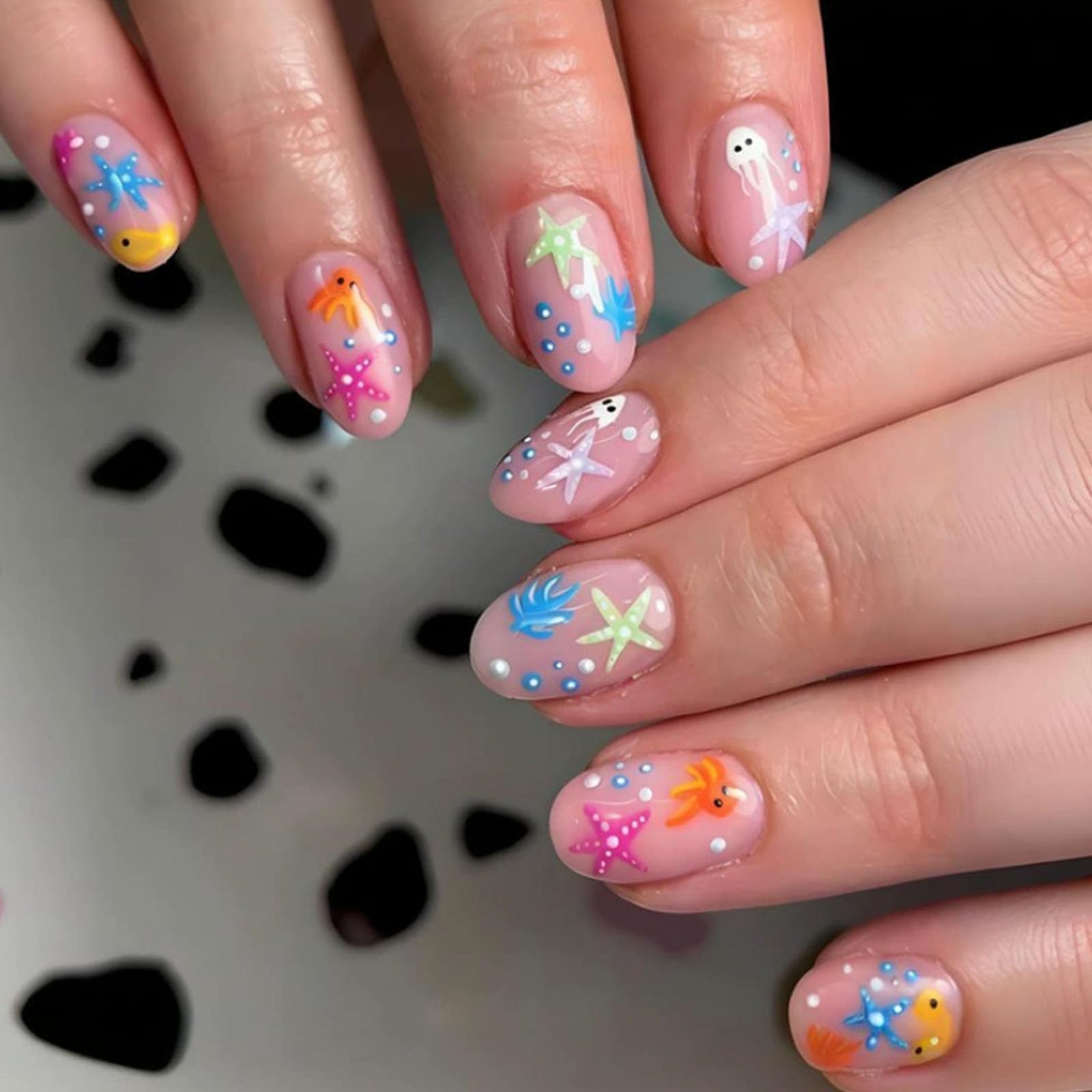 Transparent Blue Ocean Theme Oval False Nails with Colourful Starfish Fish & Glitter - Image 2