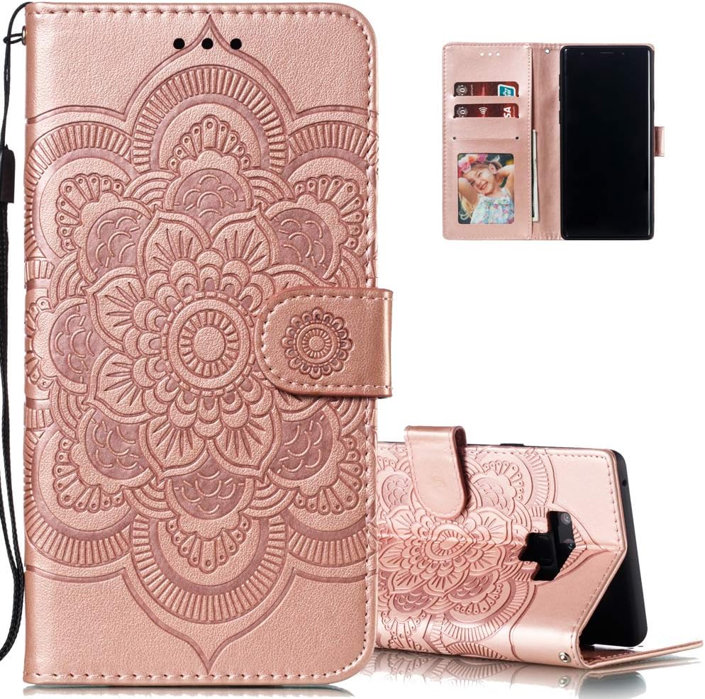 LEECOCO Samsung Note 9 Case Mandala Embossing Luxury PU Leather Flip Notebook Wallet Bookstyle Magnetic Stand Card Slot Folio Bumper Protection Cover for Samsung Galaxy Note 9 Mandala Rose Gold LD