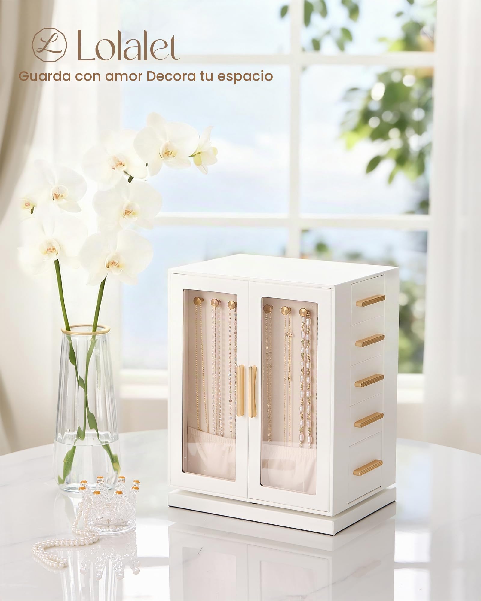 Lolalet Caja para Joyas, Estuche Grande Giratorio 360º con Ventana Transparente para Almacenar Pendientes Pulseras Collares Anillos -Blanco