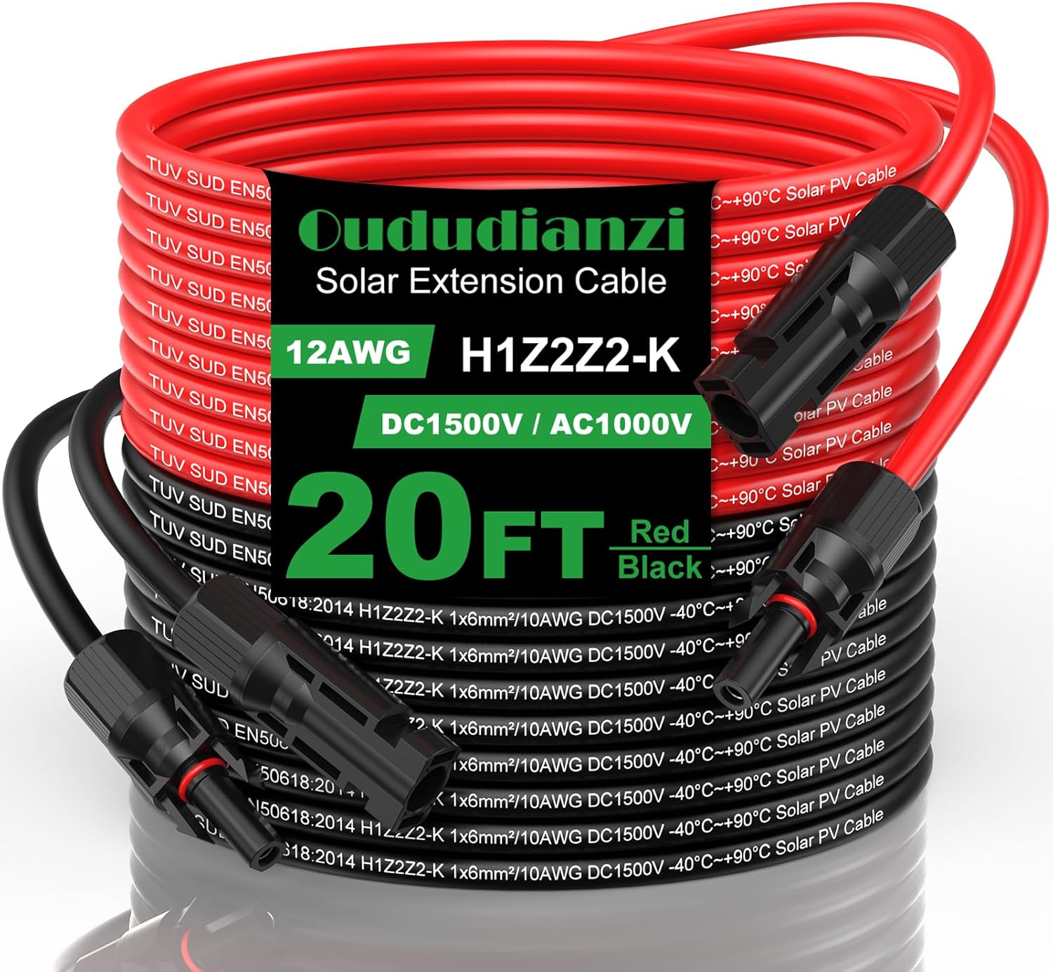 Oududianzi Solar Extension Cable 20Ft, Solar Wire 12AWG, Tinned Cooper PV Wire, Solar Panel Wires and Connectors for Photovoltaic Systems, Set of 2