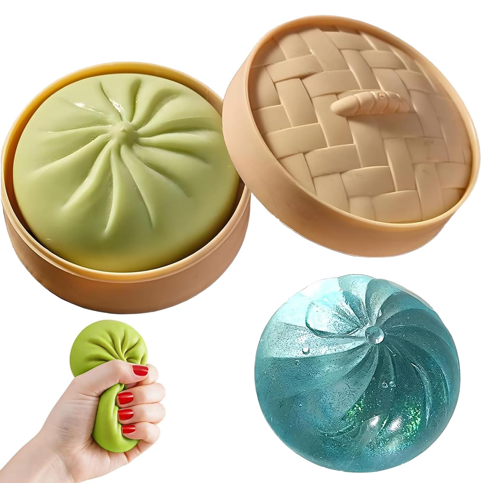 2Pcs Squishy Dumpling, Giant Dumpling Squishy, Dumplings Squishys for Office Workers and Sensory Needs, Includes Crystal and Green Dumplings with Steamer Display