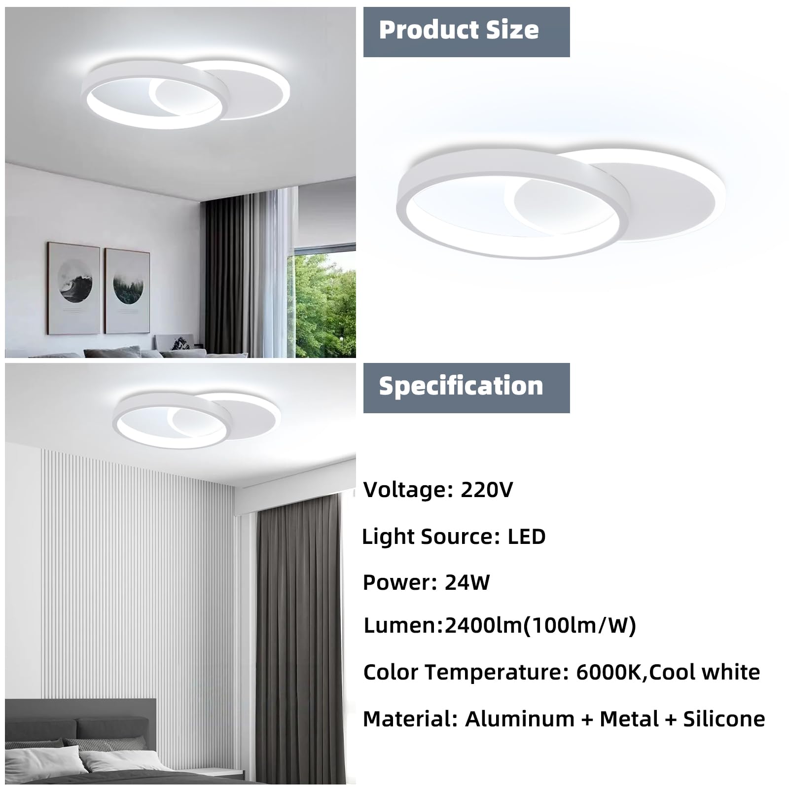 Aeyytoe Plafoniera LED Soffitto 24W 2400LM Plafoniere LED Moderno, Bianco Freddo 6000K Plafoniera Soffitto per Soggiorno Cucina Bagno Camera da Letto Corridoio