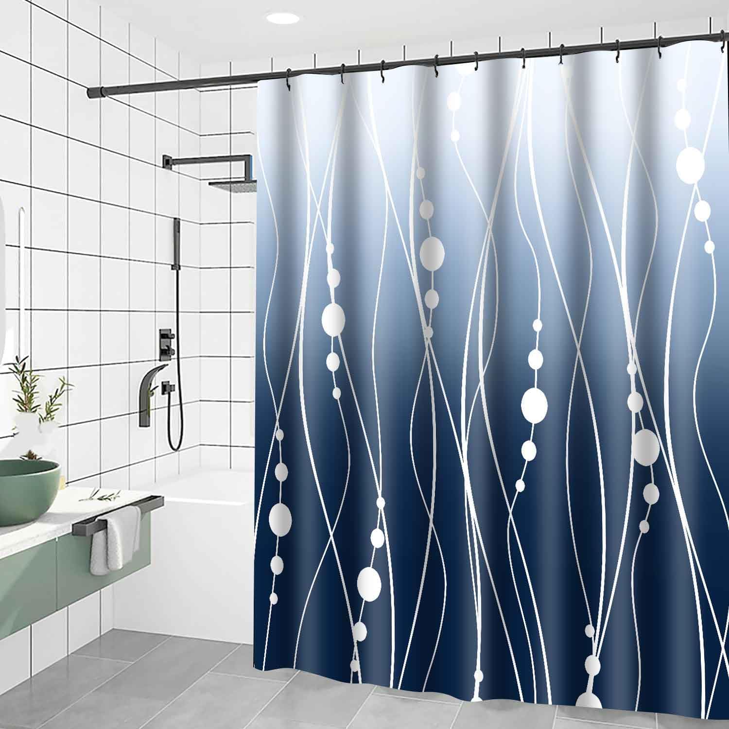 Navy Blue Shower Curtain Ombre Blue Fabric Shower Curtain for Bathroom Decor Dark Blue and White Striped Modern Bath Shower Curtains Set with 12 Hooks 72x78 Inch Washable