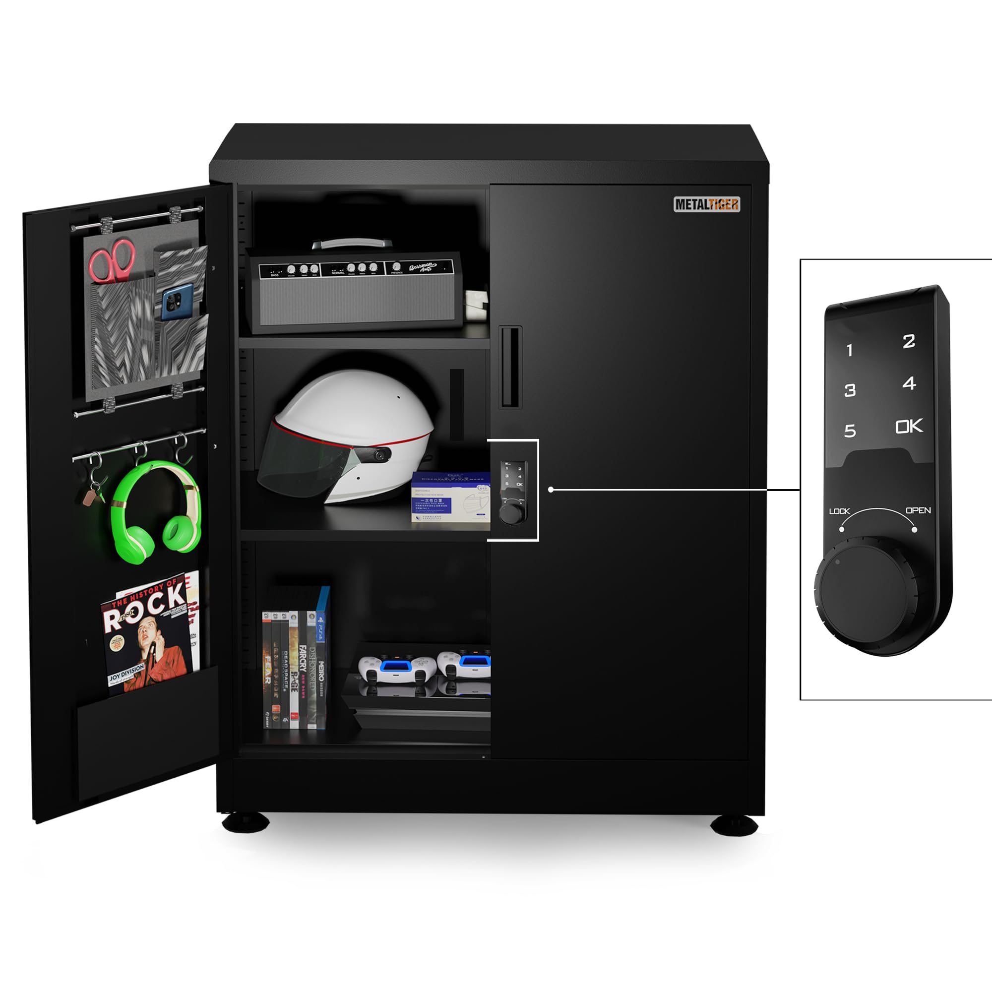 METALTIGER Metal Storage Cabinet, 40" H Small Locker with Digital Lock, Locking Storage Cupboard with Doors and Shelves for Office, Home (Black)