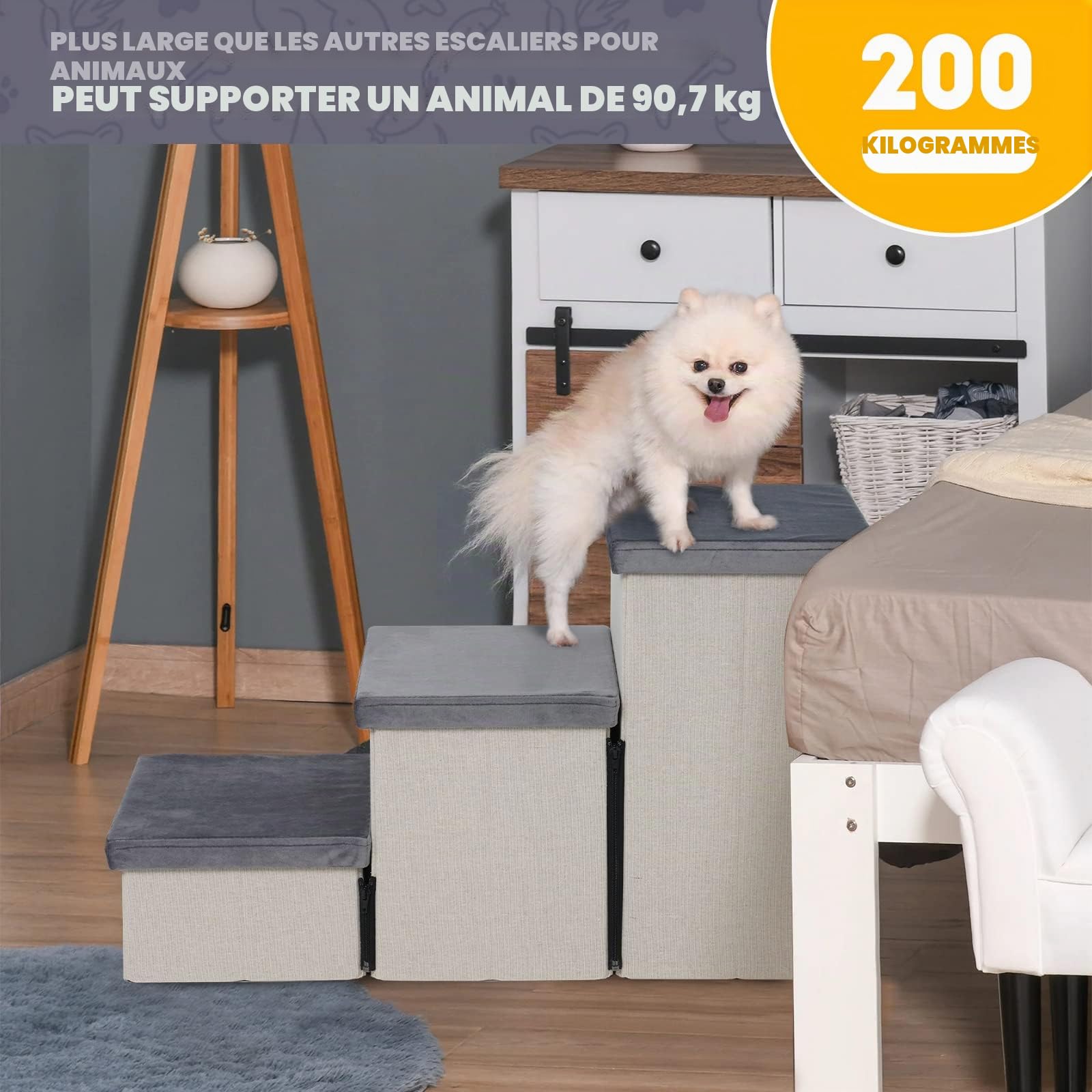 Escalier 3 Marches pour Chien avec Rangement, Pliable pour Canapé/Lit, 74x33x44cm