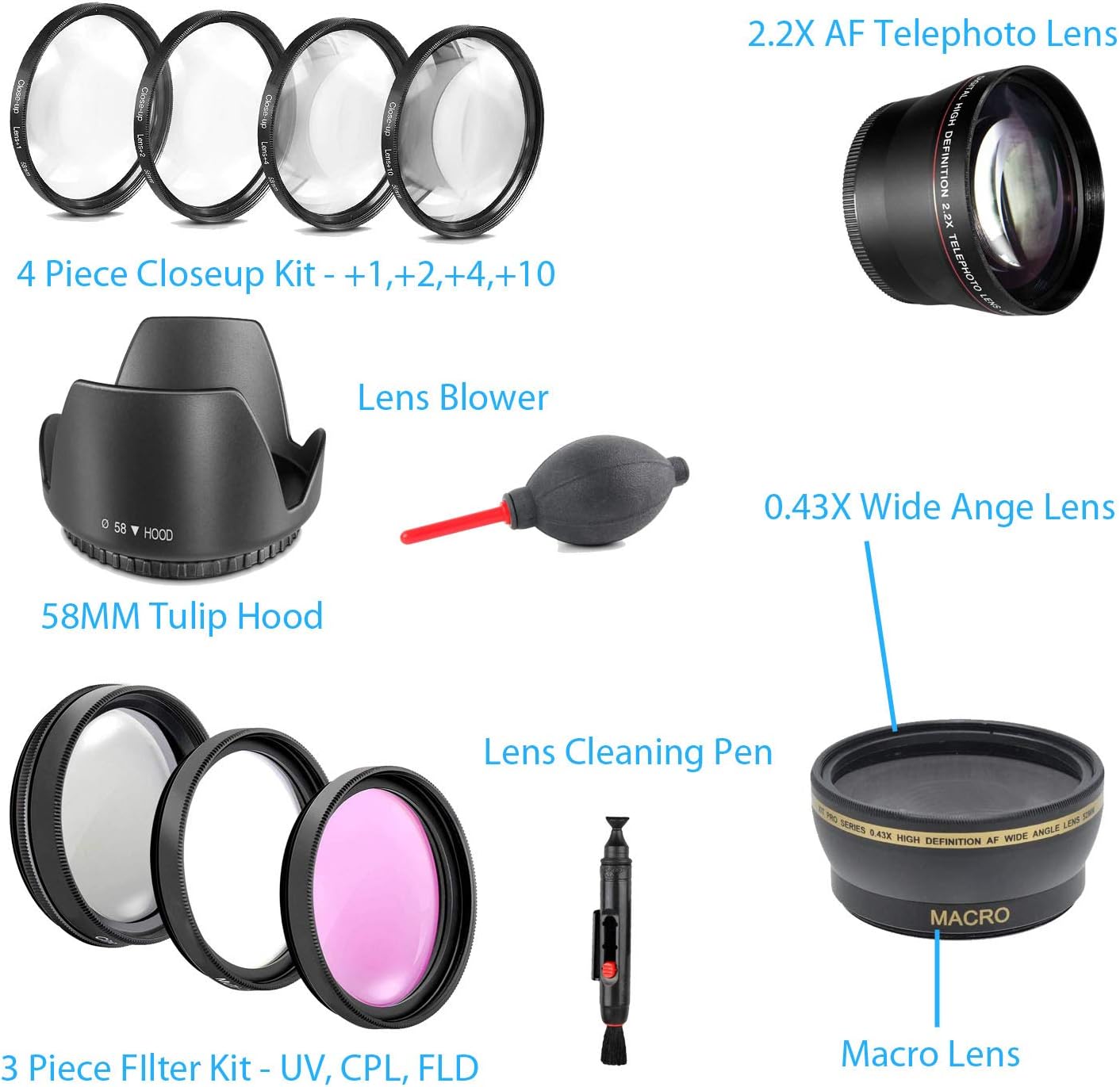 Premium DSLR Camera Accessory Bundle with 58MM Filters, Lenses, 32GB Sandisk SD Card and More for Canon 80D and Canon 90D (58MM Lens Kit with LP-E6N Battery Pack)