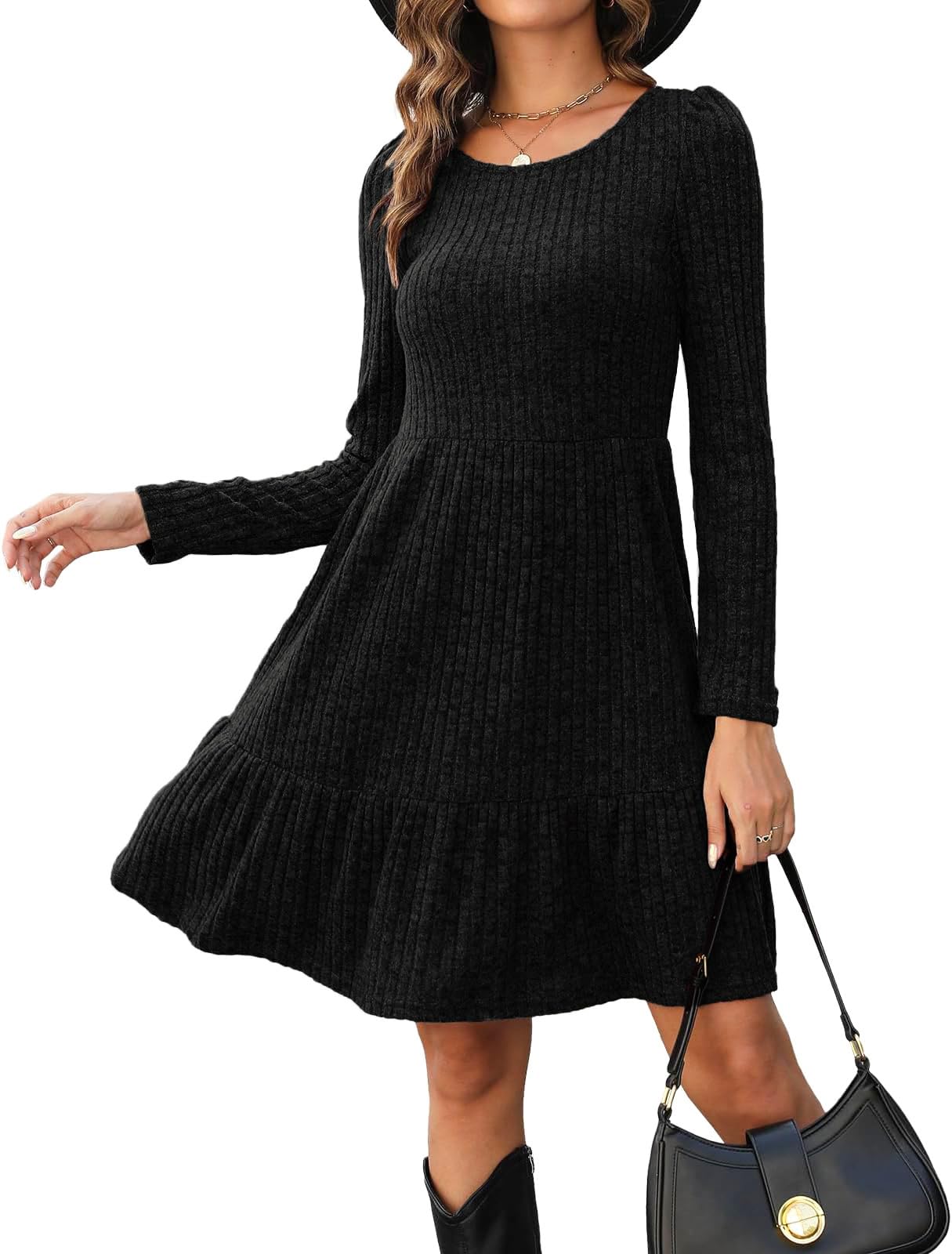Zetieny Strickkleid Damen Langarm Strickpullover Elegant Kleider A-Linie Herbstkleid Rundhals Pulloverkleid Knielang Kleid für Herbst Winter