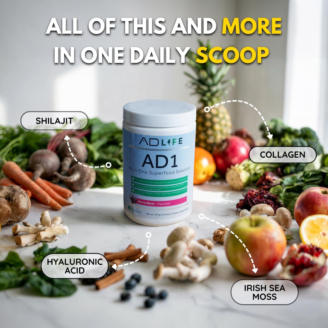 Project AD AD1, All in One Superfood Solution, Complete Fruit and Vegetable Complex Plus Antioxidants, Including Collagen, Shilajit, Sea Moss, Ashwaganda and Berberine (24 Servings, Chocolate)
