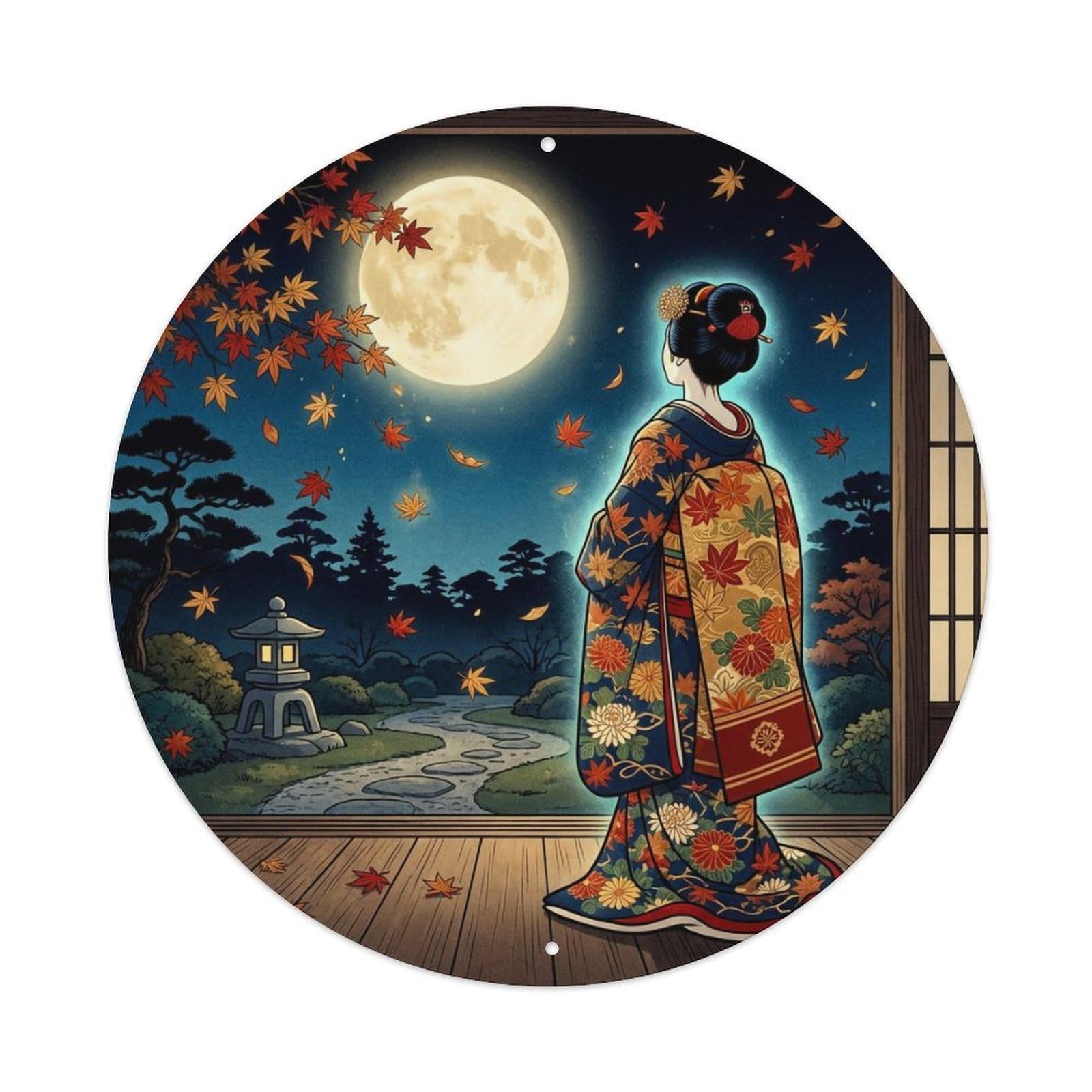 Japanese Geisha Autumn Moon Full Moon Night Scene Metal Tin Sign