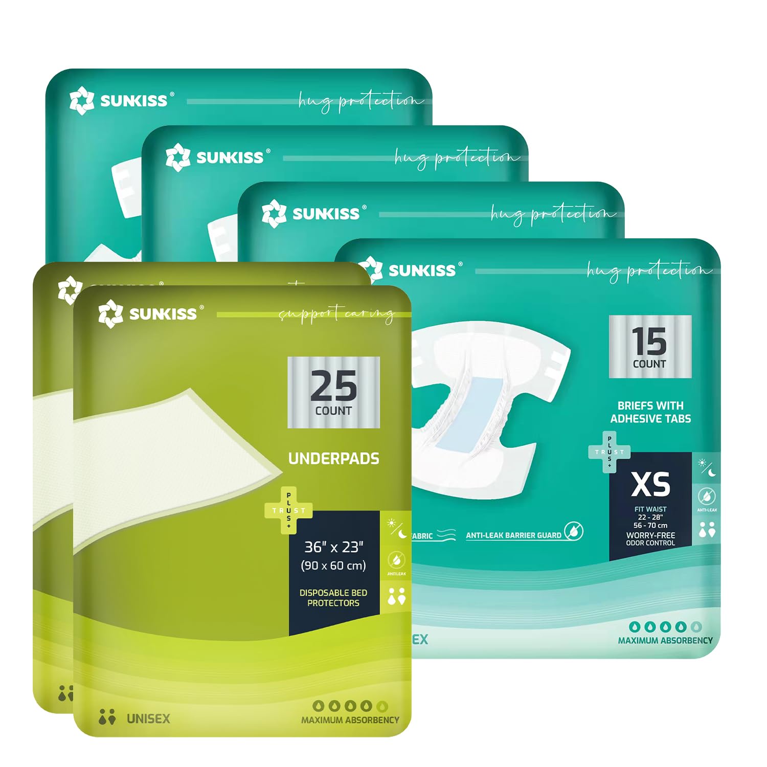 SUNKISSTrustPlus Adult Diapers XSmall 60 Count & Disposable Incontinence Underpads 23" x 36" 50 Count Bundle - Overnight Leak Protection, Odor Control, Super Absorbency