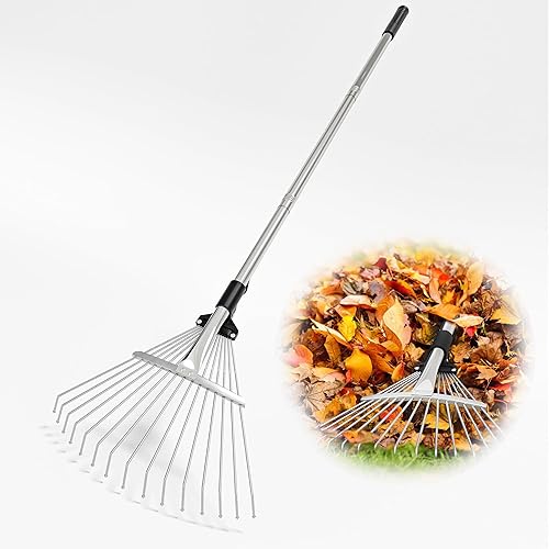 Garden Rake, Small Garden Leaf Rake for Gardening, 7-13" Expandable Head with 5.5ft Adjustable Stainless Steel Pole, Collect Loose Debris for Lawns Yard