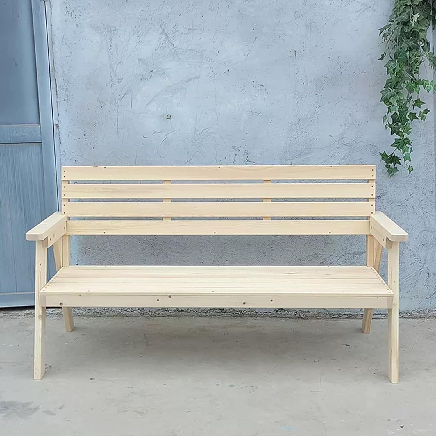 Outdoor Solid Wood Garden Bench for 2, 500 lbs Capacity, Wide Armrests, Slat Design, Patio Seating for Porch, Backyard & Poolside (Natural,120 * 67 * 90cm)