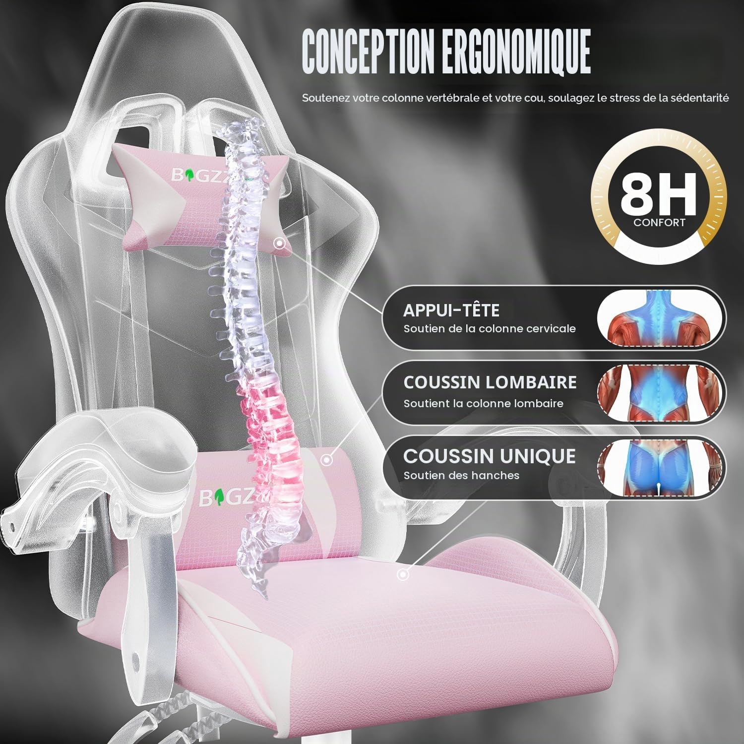 bigzzia Chaise Bureau Chaise Gaming Ergonomique en PU Cuir, Hauteur Réglable, avec Coussin Lombaire et Appui-Tête, Fauteuil Gamer Confortable pour Adultes, Filles et Garçons (Blanc et Rose)