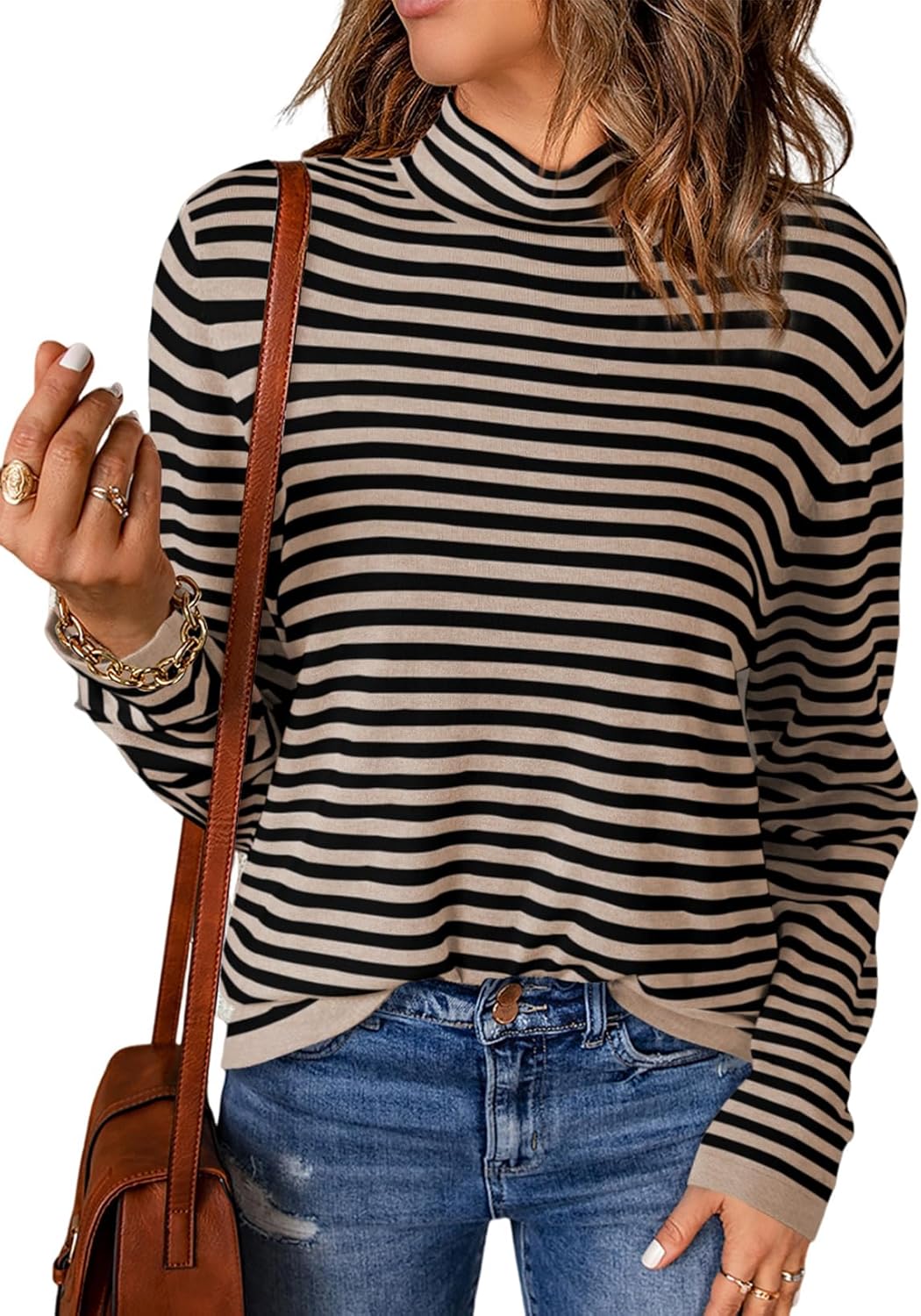 Dokotoo Women's Lightweight Sweaters 2026 Fashion Striped Long Sleeve Sweaters Casual Pullover Turtleneck Sweater Tops