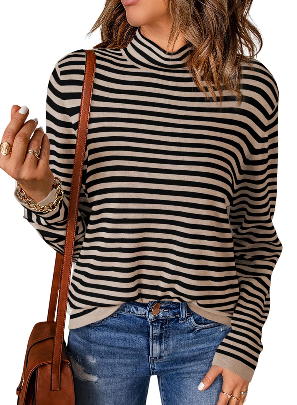 Dokotoo Womens Lightweight Sweaters 2025 Fashion Striped Long Sleeve Sweaters Casual Pullover Turtleneck Sweater Tops