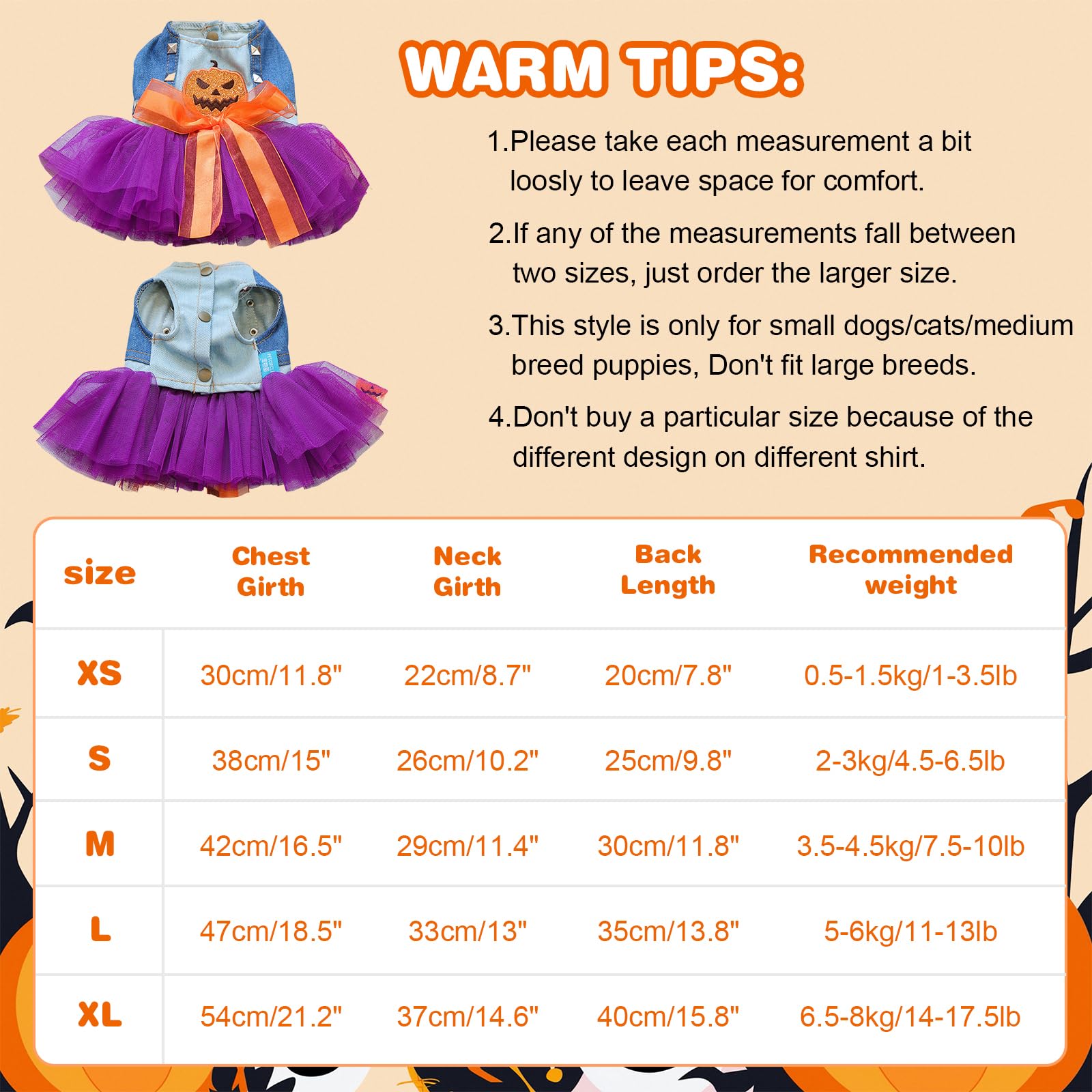Yaopelky Dog Halloween Tutu Dress Holiday Dog Clothes for Small Medium Pets Pumpkin Pattern Cat Outfits with Denim Top Purple Tulle Skirt with Orange Bow Pet Costume (Pumpkin - Image 2
