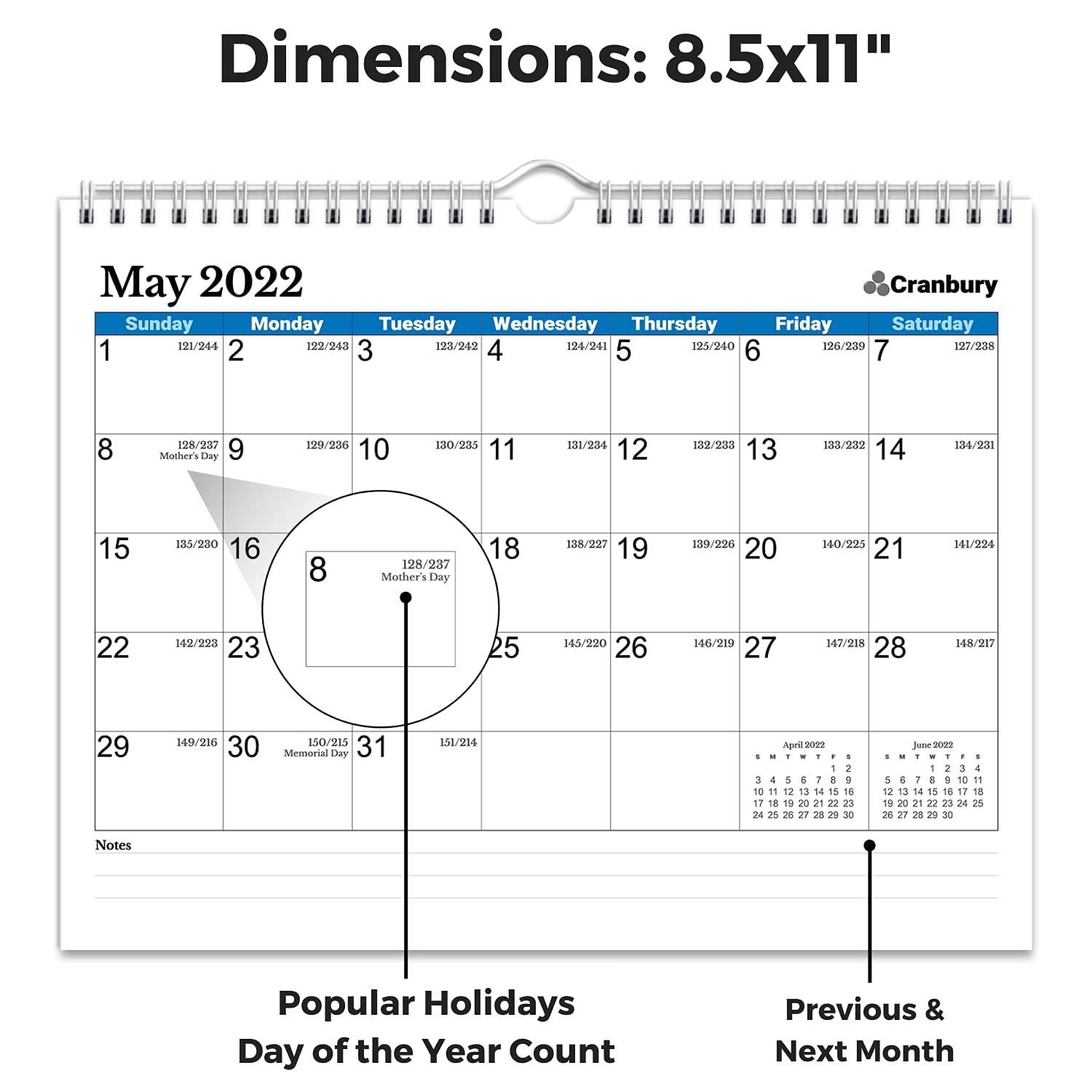 CRANBURY Small Wall Calendar 20222023 (Blue) Use 8.5x11 Calendar Now to June 2023, as Desk