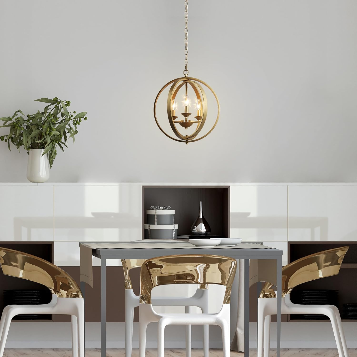 LALUZ Modern Gold Chandeliers for Dining Room 3 Light Orb Chandelier Adjustable Pendant Light Fixture Globe Foyer Chandeliers for Kitchen Dining Room Bedroom