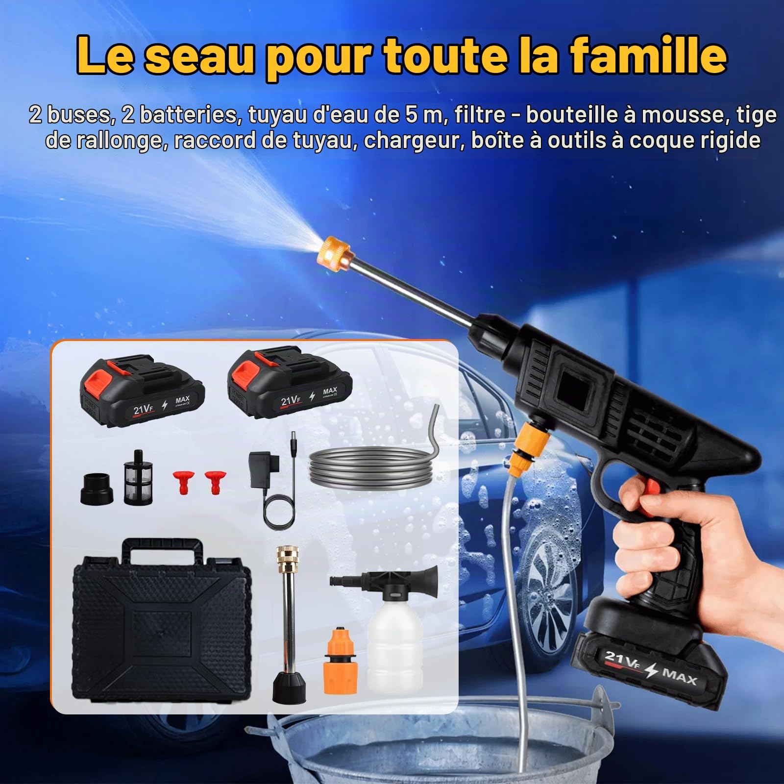 Lave-linge haute puissance sans fil 21 V haute puissance avec 2 batteries et tuyau de 5 mètres, machine à laver électrique portable, outil de lavage à jet avec buse réglable
