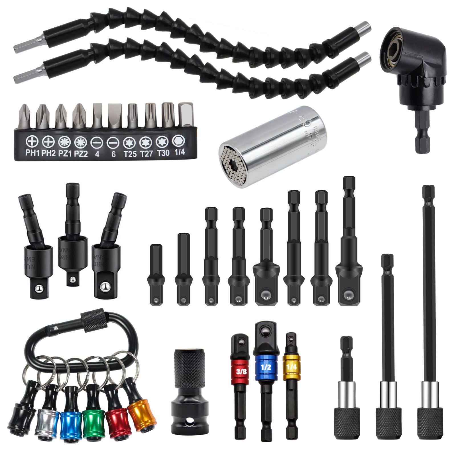 38 extensiones de broca flexibles, taladro de ángulo recto de 105°, soporte de brocas, adaptador de enchufe hexagonal, extensión de broca flexible, kit de puntas de destornillador de extensión