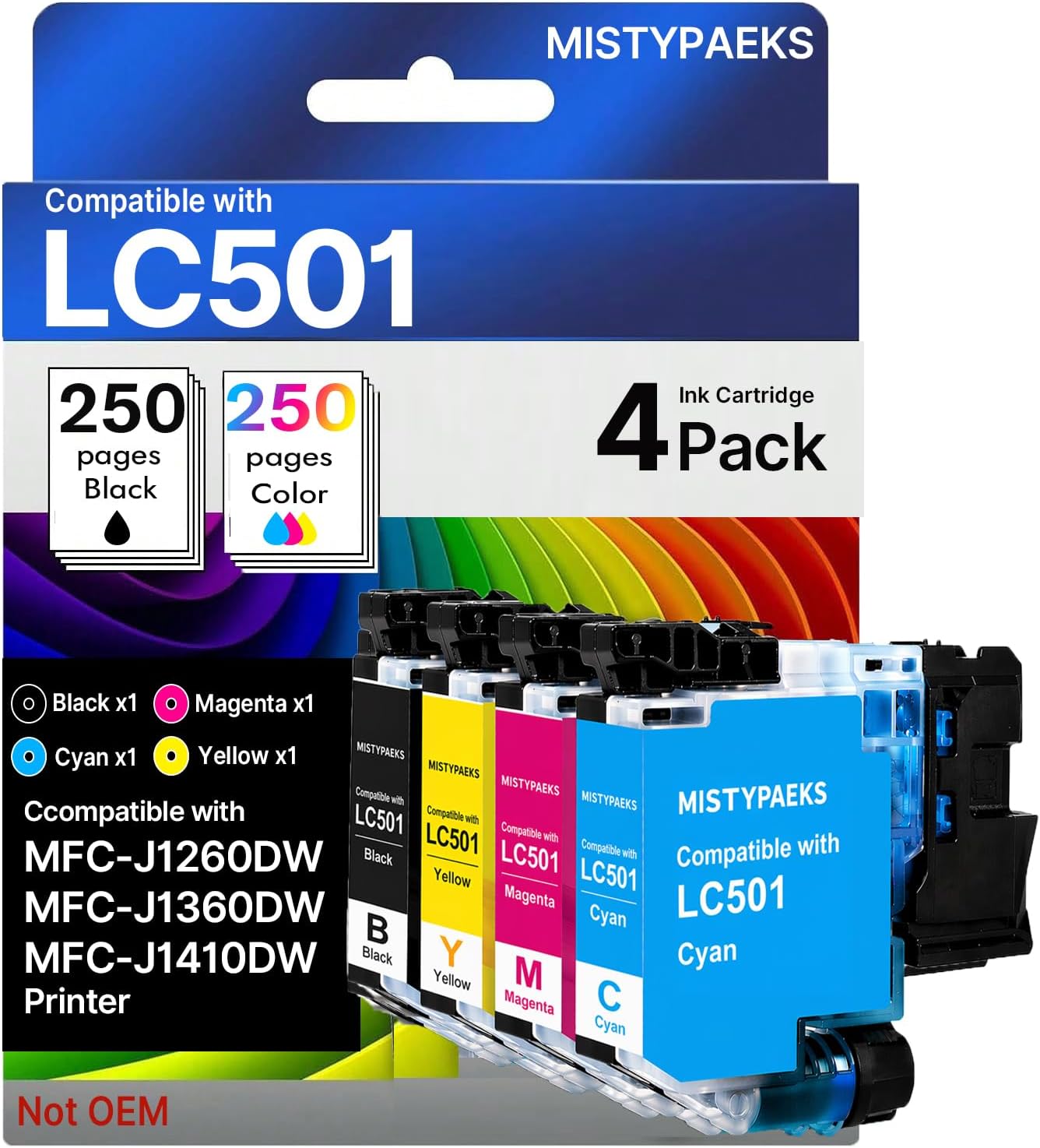 Compatible LC501XL LC501 Ink Cartridges Compatible with MFC-J1360DW MFC-J1260DW MFC-J1410DW Printers, 4-Pack (Black, Cyan, Magenta, Yellow)