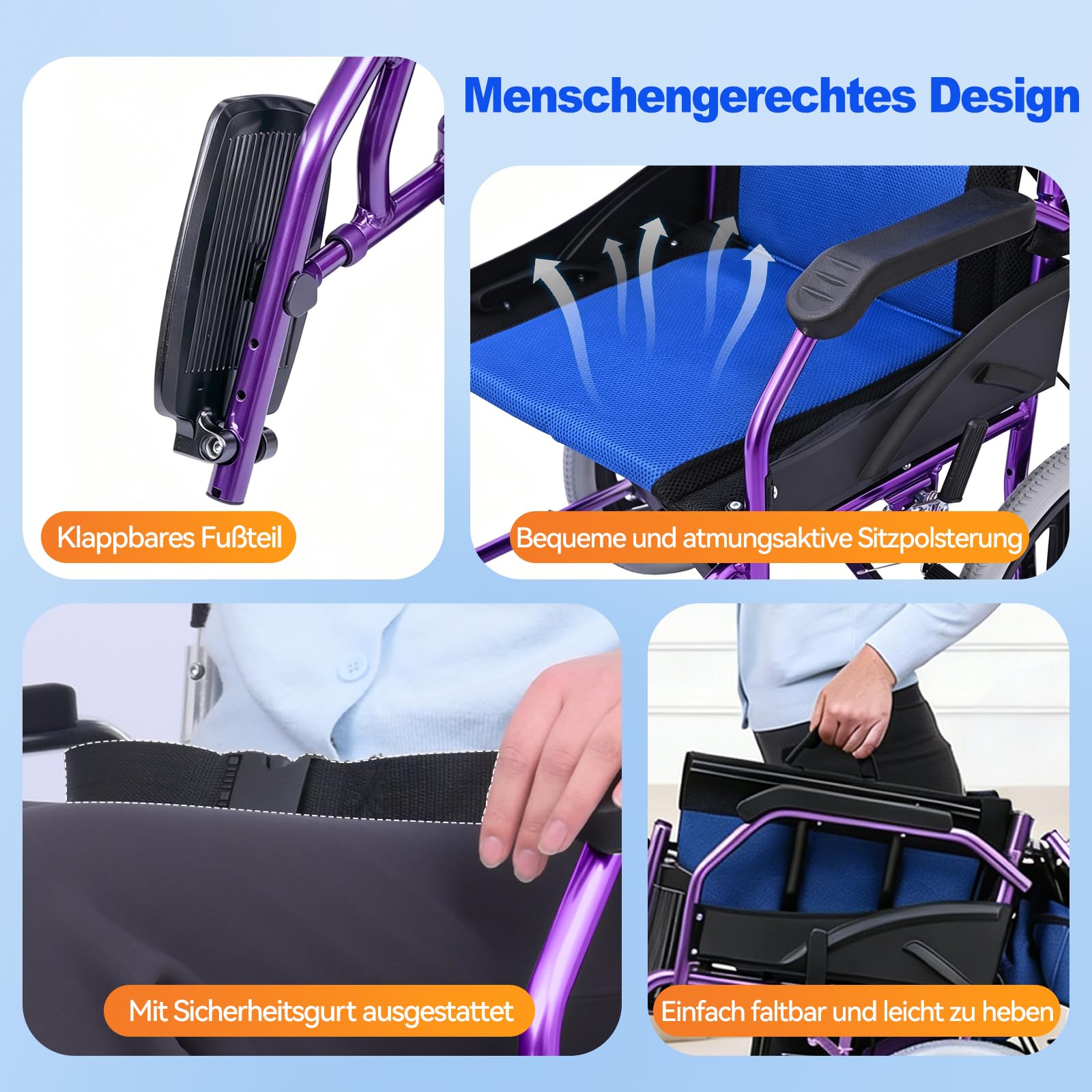 M3 Ultraleicht Rollstuhl Faltbar Leicht, Transitrollstuhl, Bremse an den Griffen Reiserollstuhl für Behinderteund Senioren, FuBstütze, Armlehnen, leicht, Sitzfläche 45 cm, Lila
