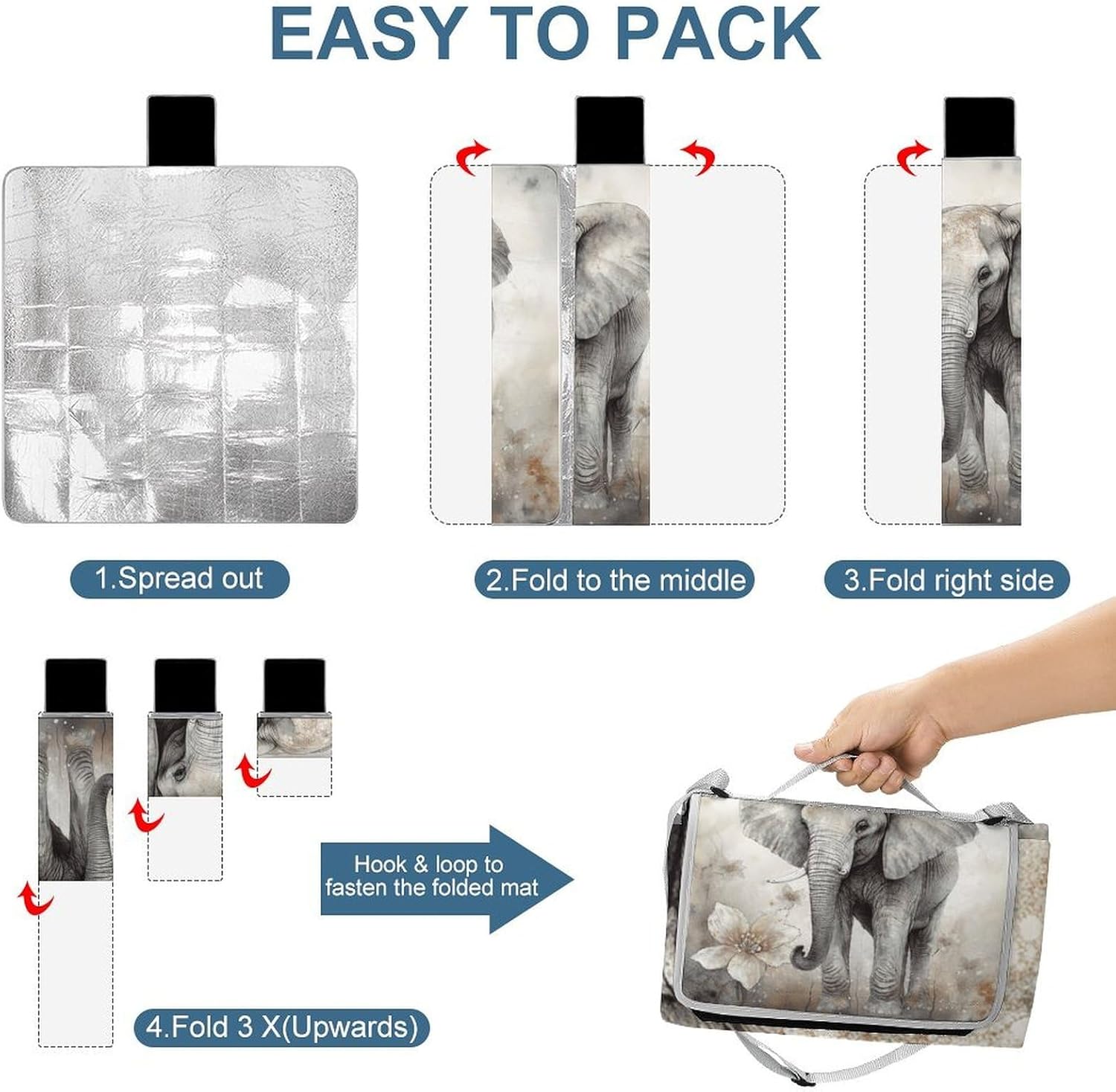 Animals Cute Elephant Waterproof Picnic Blanket 58.3''x58.3'',Portable and Foldable Picnic Mat with Handle,Outdoor Blankets for Lawn Park Beach Travel