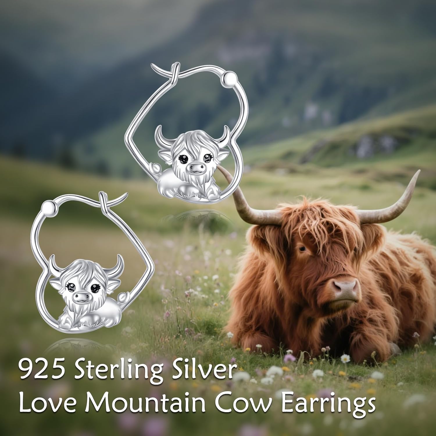 Highland Cow Earrings Sterling Silver Animal Heart Hoop Earrings Dangle Drop Dangling Cute Cow Jewelry Gifts for Women - Image 6