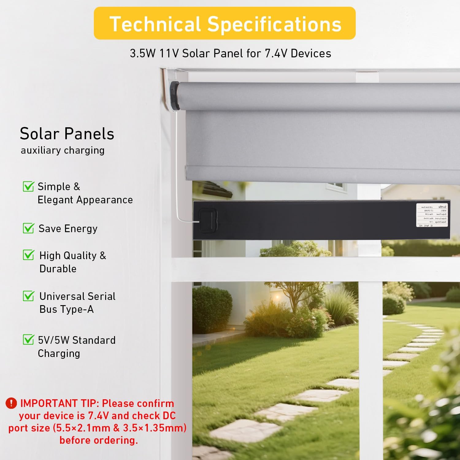 8.4Volt Small Solar Charger for Motorized Blinds, 3.5W 11V Solar Panel Charger for DC 7.4V 8.4V Lithium Battery, Compatible with Roller Shades, Security Cameras, Bird Feeders, LED Lights image 4