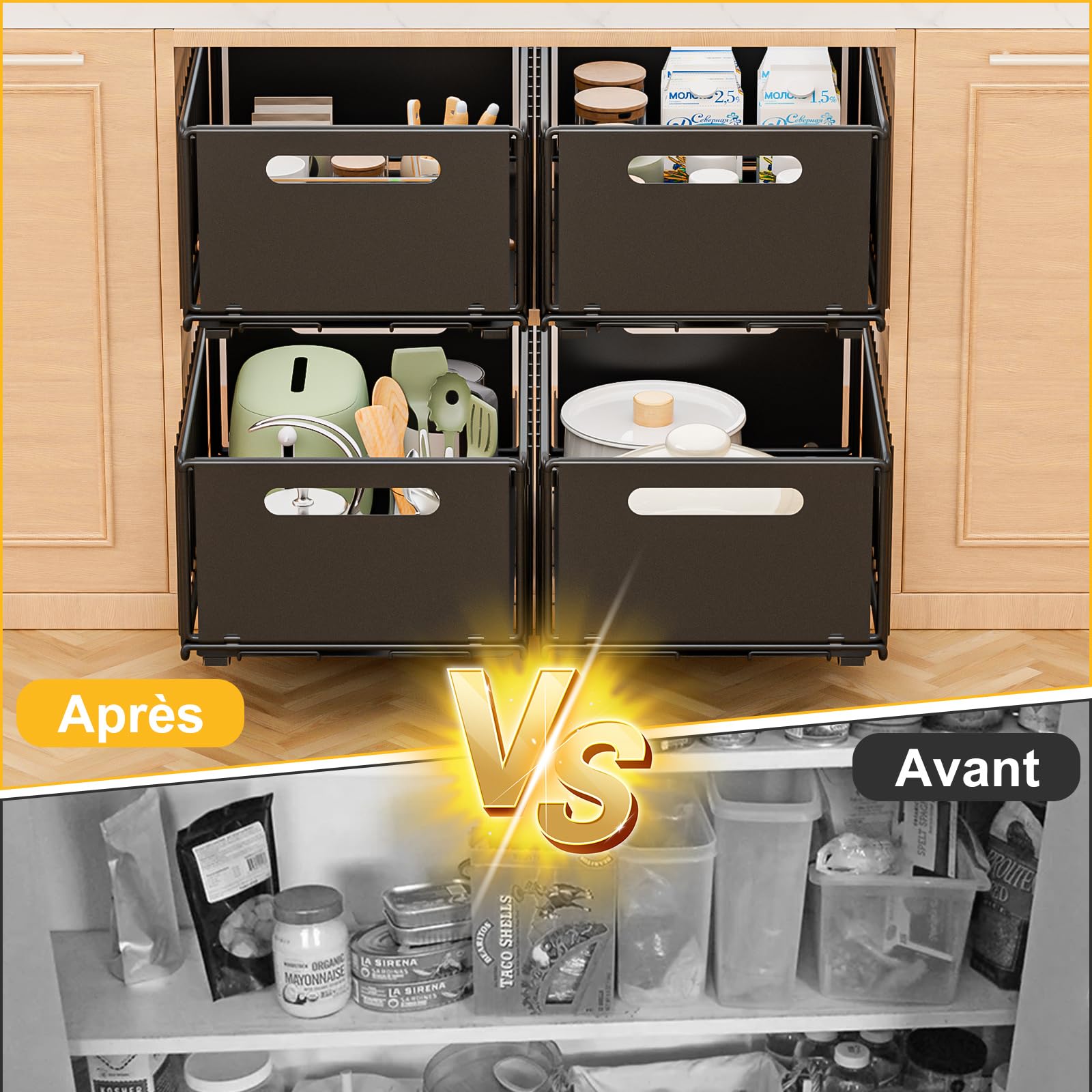 2 Pièce Tiroir Coulissant Cuisine Organiseurs de Tiroirs de Cuisine Organiseur D'armoire Coulissant Fixé Bac Coulissant Placard Aucun PerçAge ni Clouage Requis, 38x25x19 CM (noir)