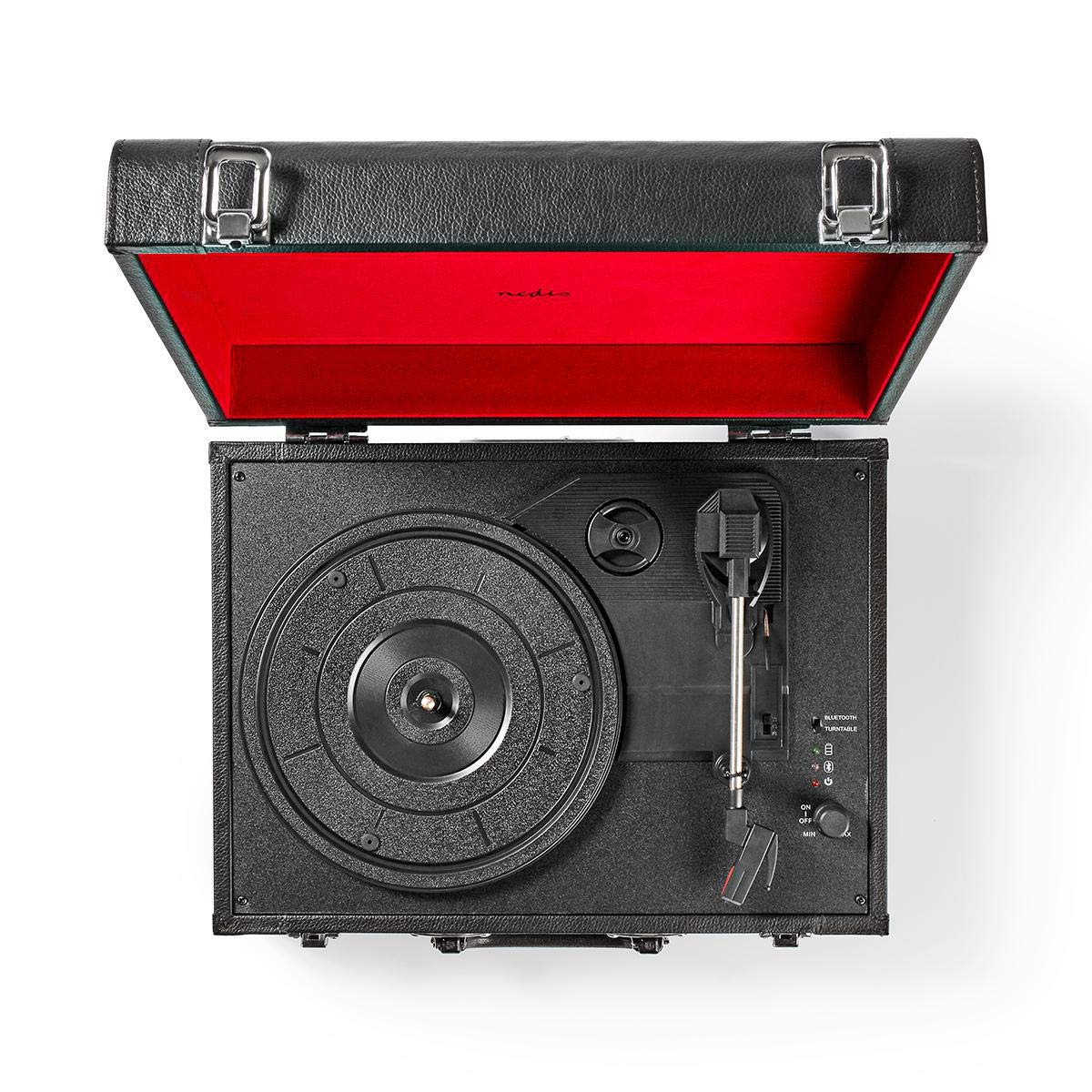 Giradischi - 33/45/78 giri/min - Trasmissione a cinghia - 1x Stereo RCA - 18 W - Amplificatore incorporato (anteriore) - MDF/PU - Rosso/Nero