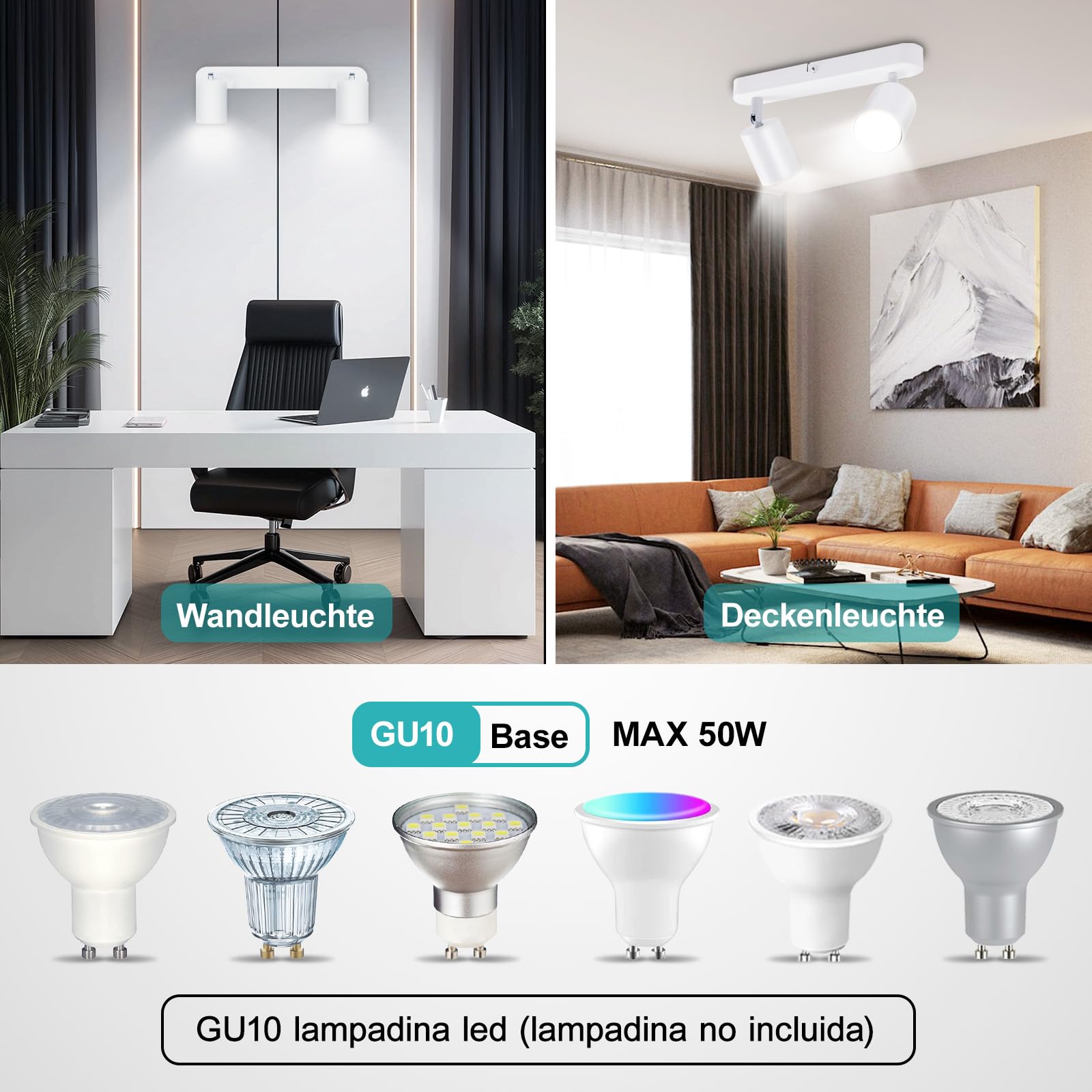 Barra de Luz de Techo 2 Focos, Foco Ajustable GU10 Metal Blanco, Lámpara de Techo Moderna Industrial para Cocina Dormitorio Salón Pasillo Comedor (Bombillas No Incluidas)