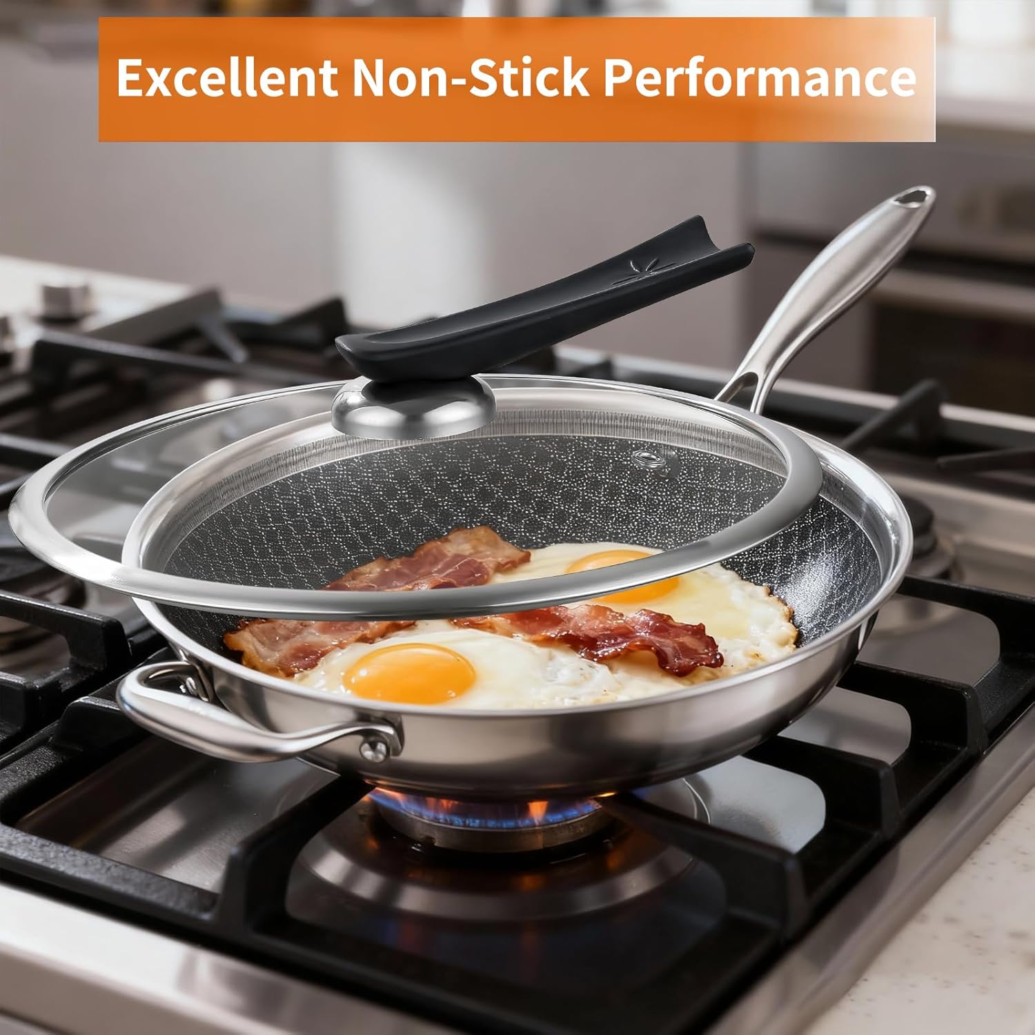DELARLO Tri-Ply Stainless Steel 12 inch Nonstick wok Pan With Lid,induction Cookware Woks & Stir-Fry Pans,Dishwasher and Oven Safe Up To 650°F