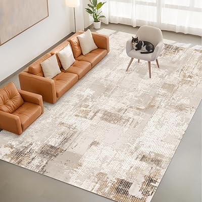 Boho Beige Rug 9x12 Area Rug - Non Slip Low Pile Washable Carpet, Modernist Design for Living Room Bedroom Rug
