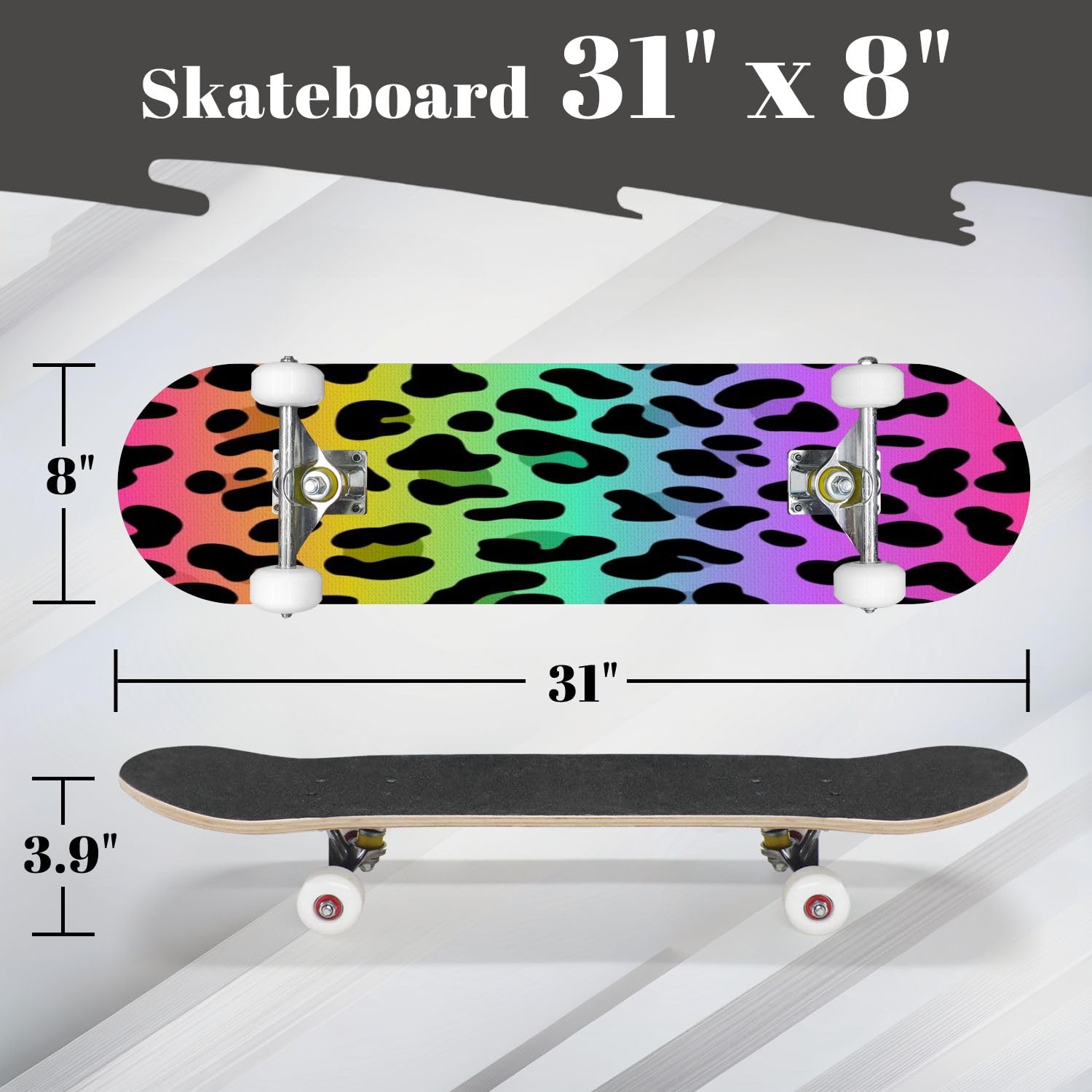 Complete Skateboard with Rainbow Leopard Skin Seamless Pattern Holographic Colorful neon Beginner Skateboard 7-Layer Maple Wood Double Kick Concave Skateboards for Kids, Adults, Teens 31