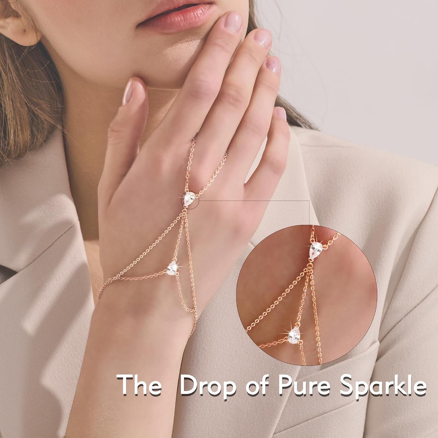 YOIHUR Rose Gold Hand Chain Bracelet, 925 Sterling Silver Finger Ring Bracelet, Adjustable Hand Chains, Stack Jewellery Stars and CZ Hand Jewelry Gifts for Women, 2" to 2.4" Extend