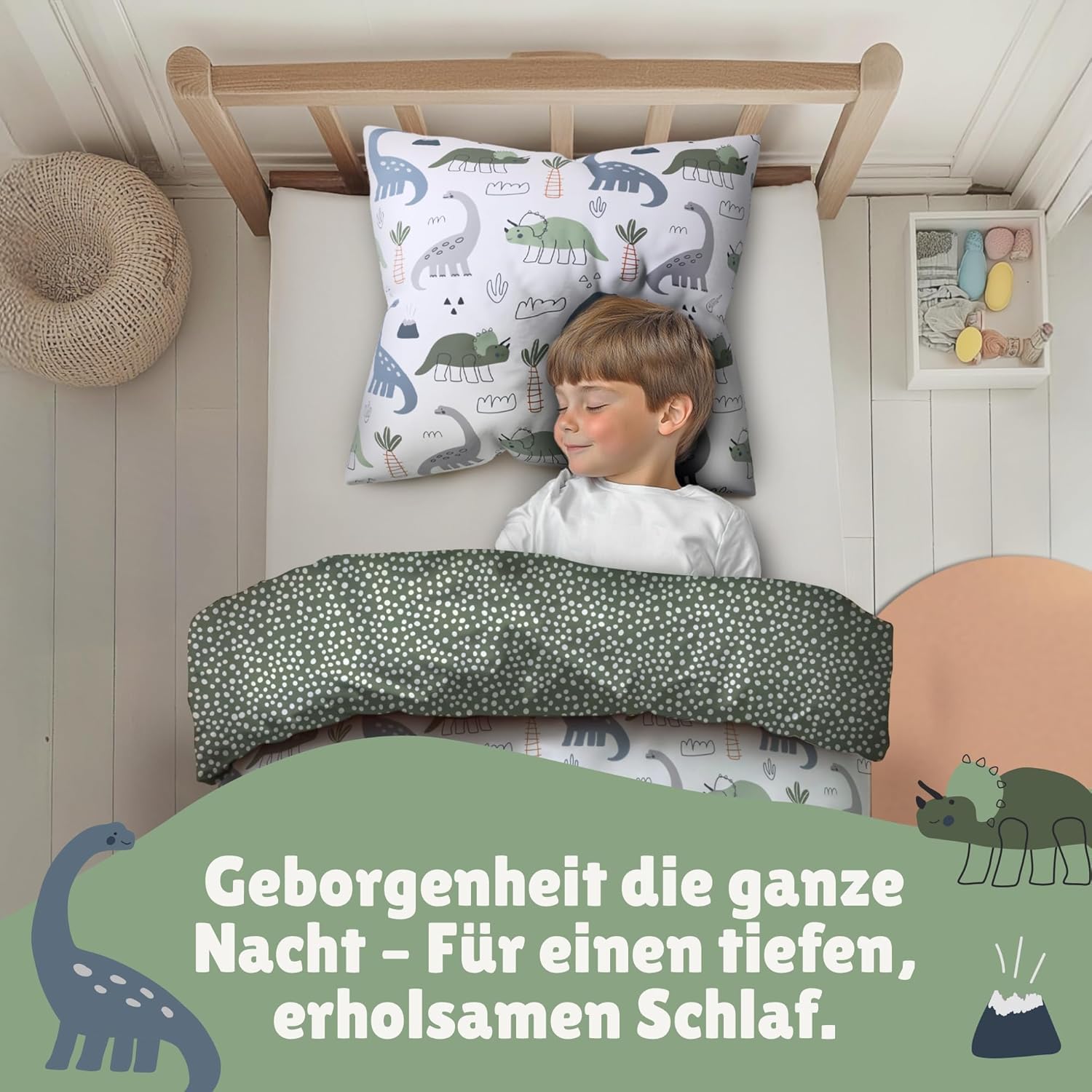 Familando Dino Bettwäsche Set 2-teilig 135x200 80x80 cm – Kinderbettwäsche Dinosaurier Triceratops Brachiosaurus Grün - 100% Baumwolle mit Wendemotiv – Atmungsaktiv & hautfreundlich - Öko-TEX