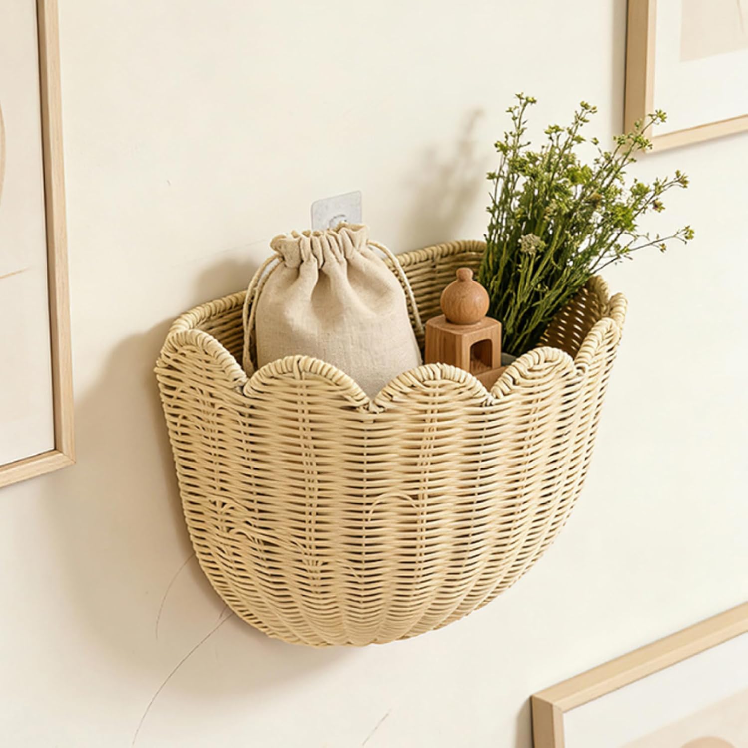 Scalloped Wall Basket with Unique Petal Edge, Beige Faux Rattan Hanging Wall Basket for Bathroom, Kitchen, and Bedroom Organization 13.19x6.89x8.9 inch