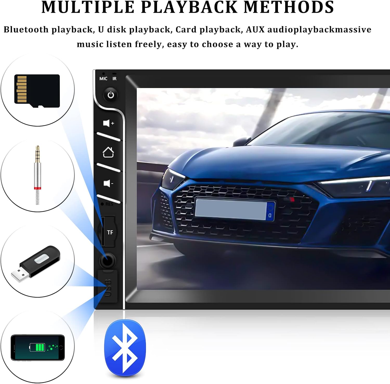 Car stereo screen displaying the Bluetooth interface with a dial pad for making calls and a music playback screen showing a song playing via Bluetooth.