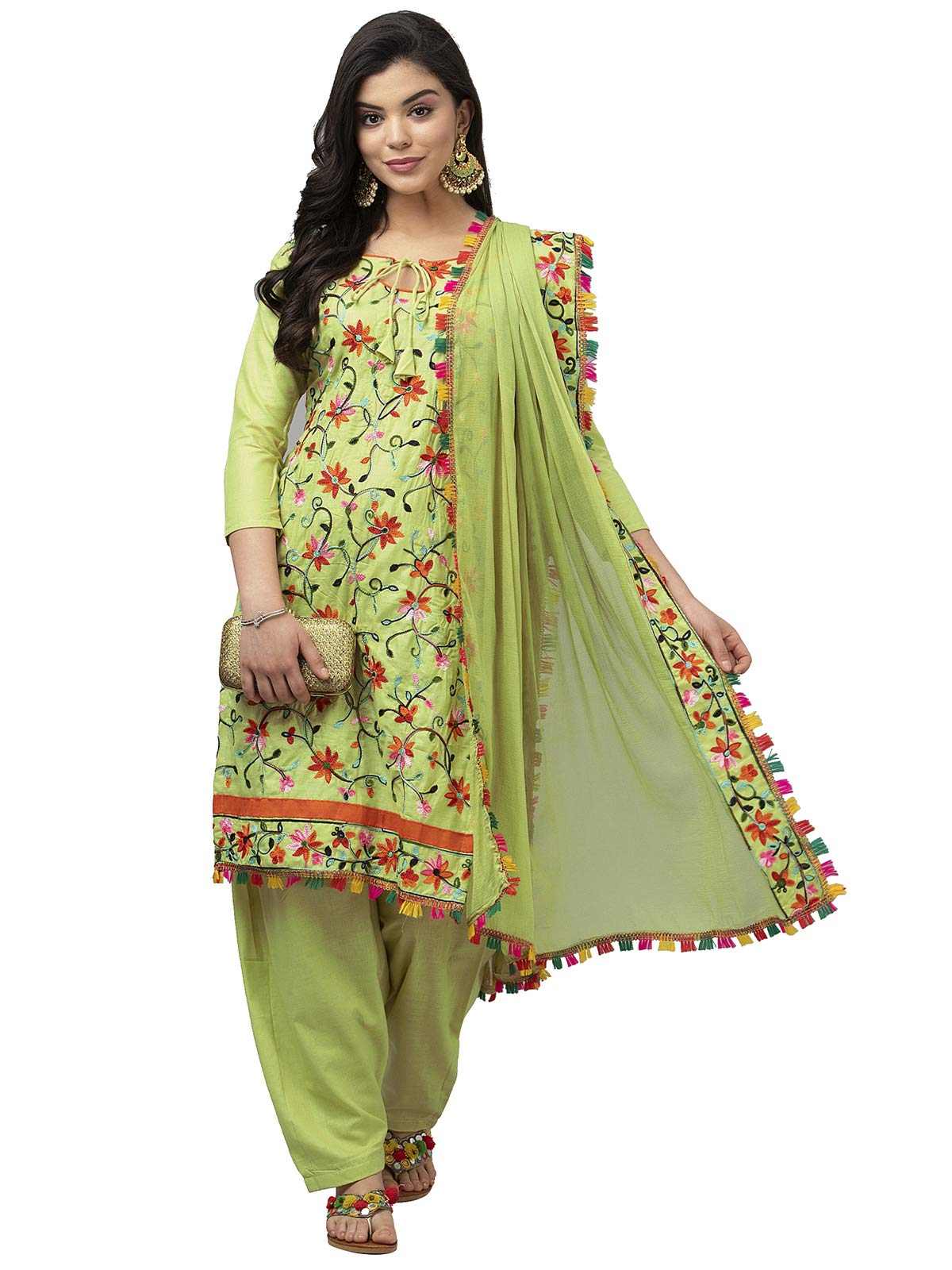 Satrani Women's Embroidered Cotton, Chiffon Top, Bottom And Dupatta (1012DT223_Green_Free Size)