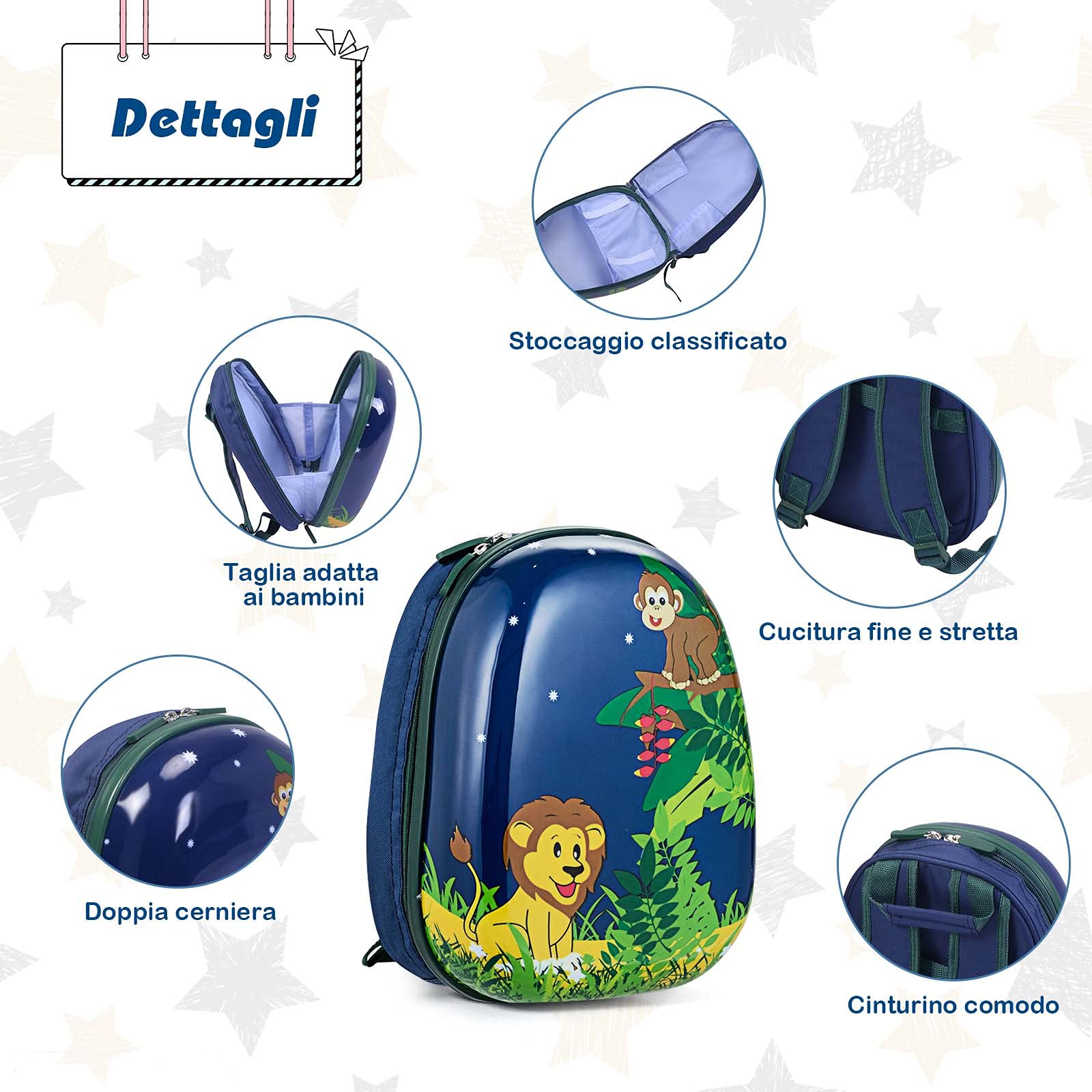 RELAX4LIFE Set Valigia Bambini 2 in 1 Animali Selvatici Blu Notte (Trolley16 + Zaino 12") con Ruote 360°, Maniglia Regolabile, Zaino con Piedini|ABS Resistente|Ideale per Viaggi e Scuola