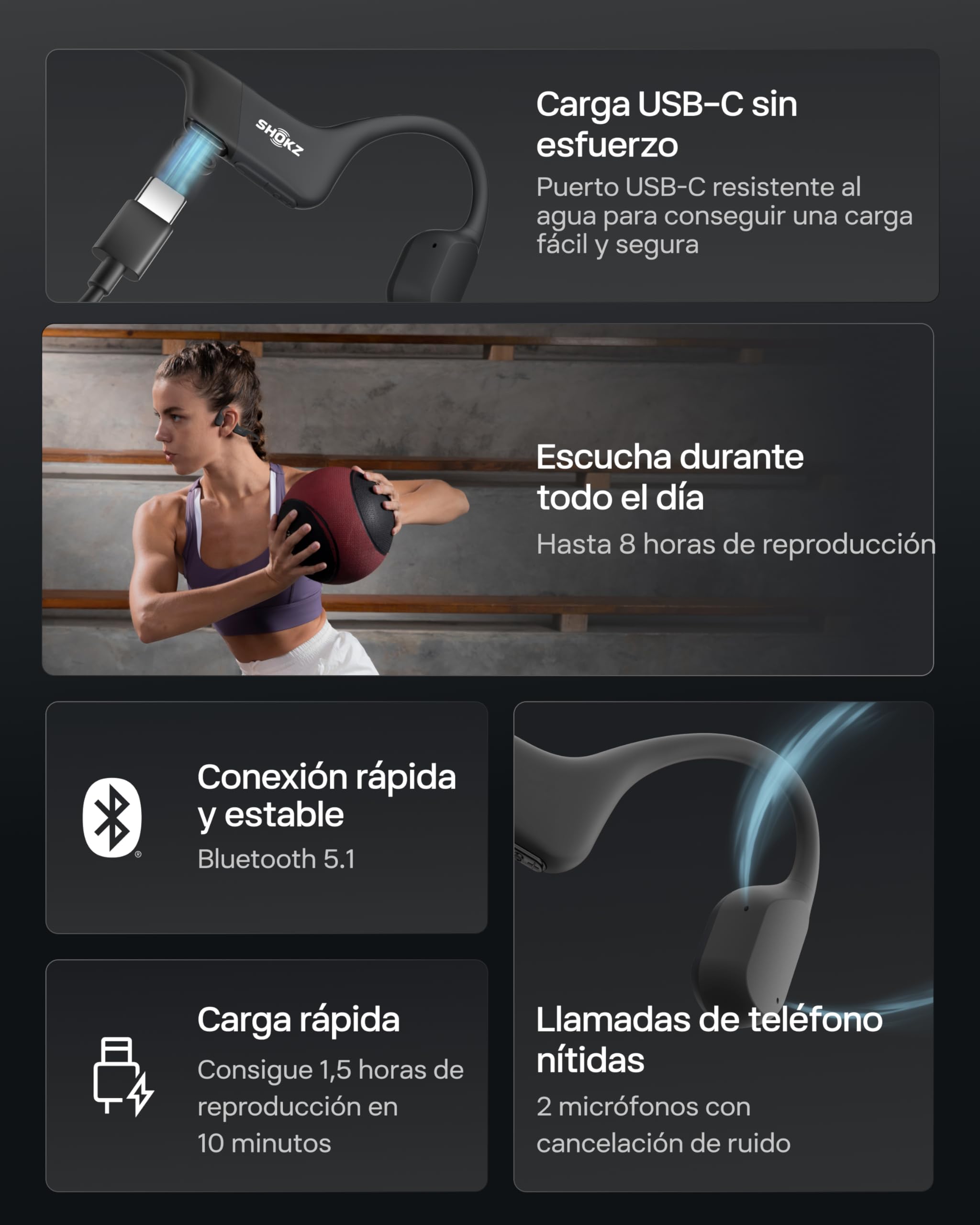 SHOKZ OpenRun Auriculares Conducción Ósea, Deportivos Inalámbricos Bluetooth con Micrófono Cancelación de Ruido, Open-Ear de Oído Abierto, Resistentes al Agua IP67 para Correr, USB-C, Negro