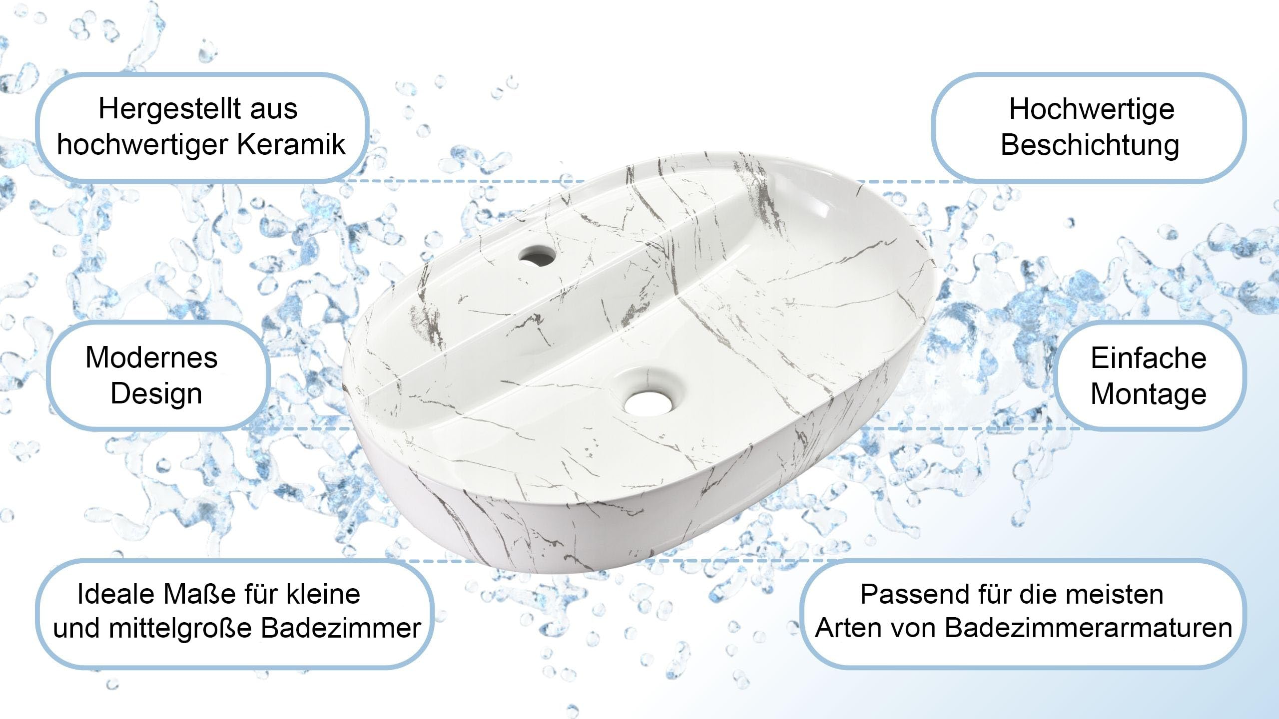 Umywalka ceramiczna owalna - 50 x 40 x 13 cm - Biały/marmur - nablatowa i WC dla gości - do rąk