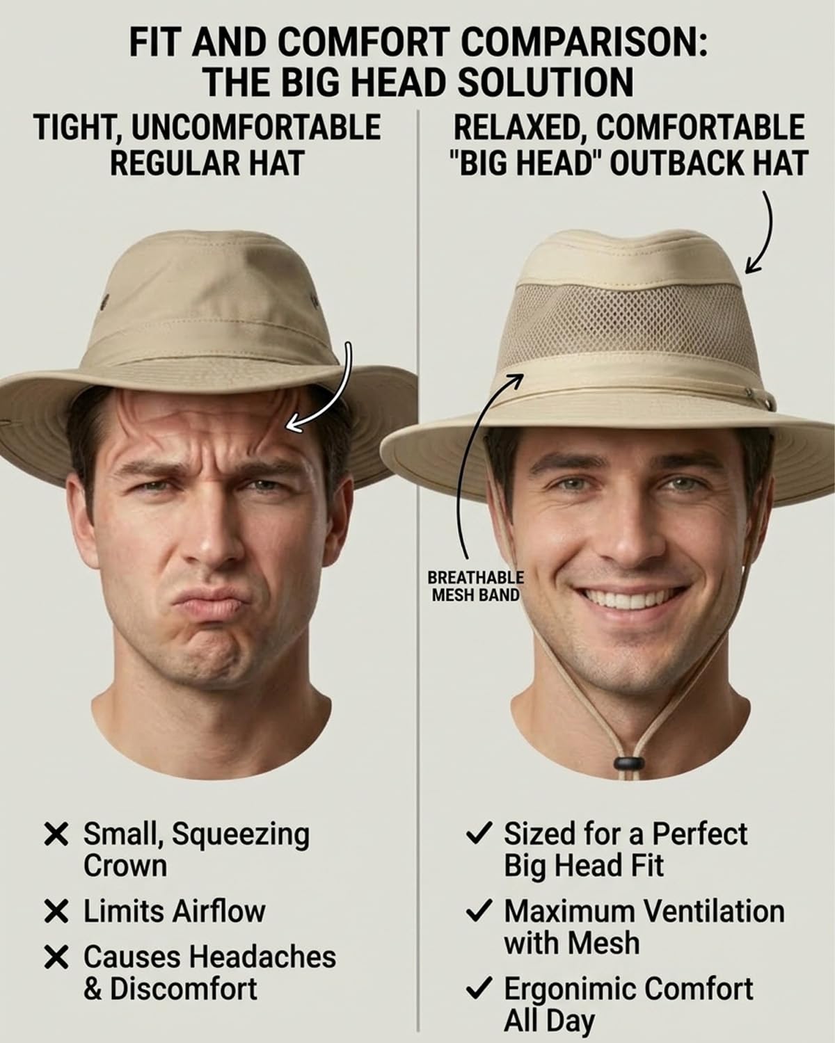 Zylioo Breezer Hat Für Großen Kpof,Mesh Cowboyhut Safari Sun Hat Größe 57-62cm,Sonnenschutz Sommer Panamahut