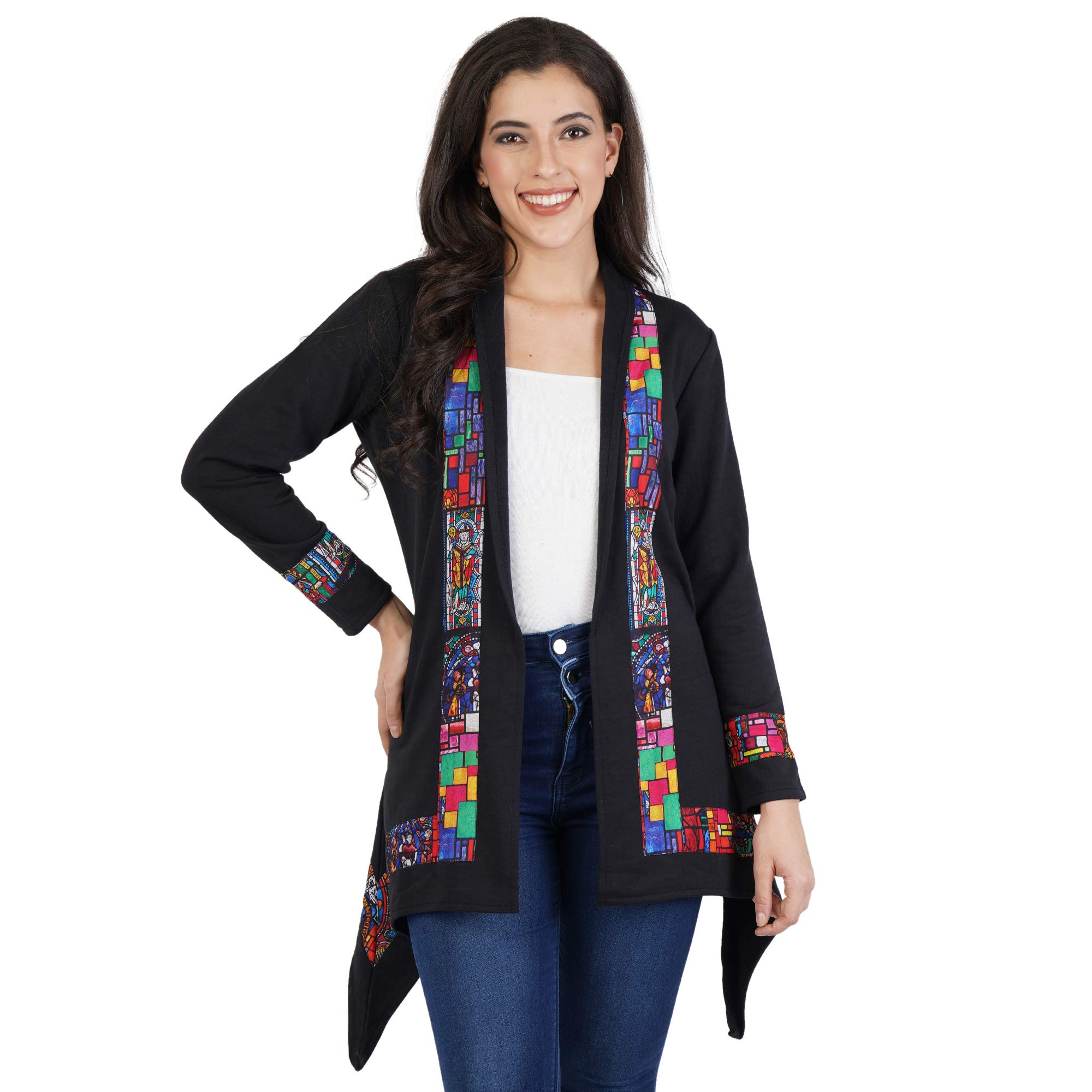 Women's High Neck Maroon Fleece Winter Shrug with Multicolor lace-image-21
