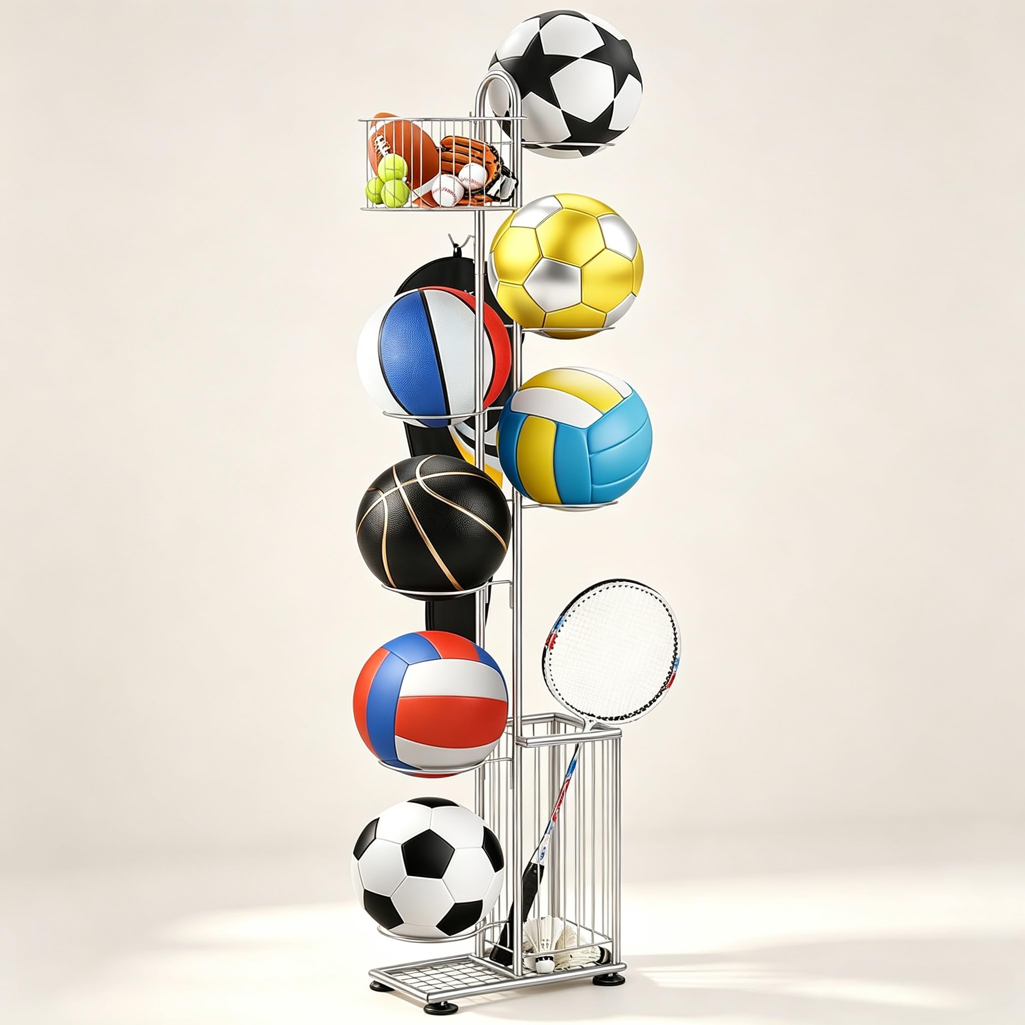 7-Tier Ball Storage Rack Football Stand Silver Football Storage Metal