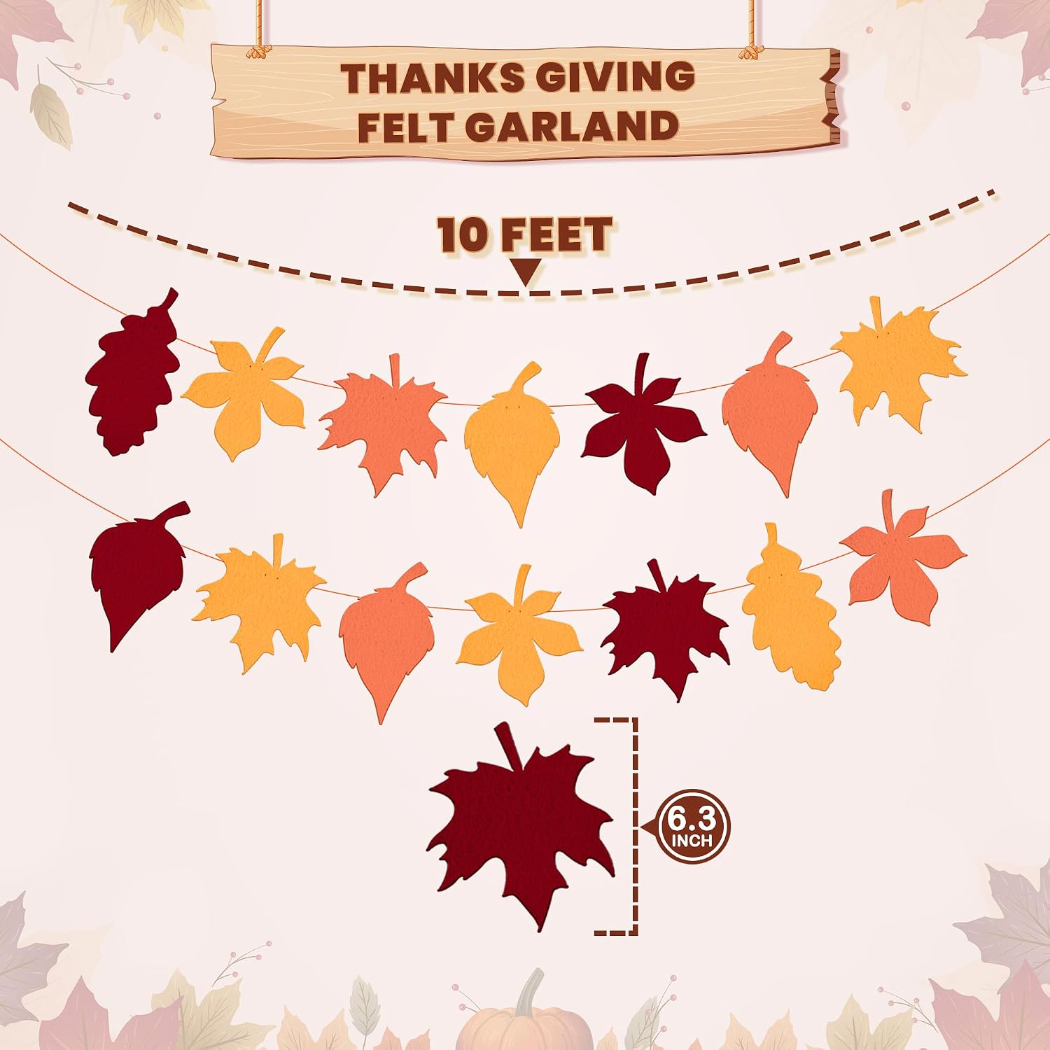 KatchOn, Felt Leaf Garland for Thanksgiving Decorations - 10 Feet, No DIY | Fall Decor, Felt Thanksgiving Fall Garland for Fall Hanging Decorations for Home, Outdoor, Autumn, Harvest Party, School